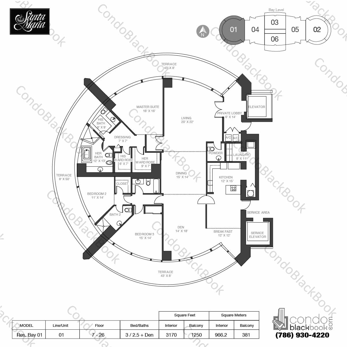 Floor plan for Santa Maria Brickell Miami, model Residence Bay 01, line 01, 3 / 2.5 + Den bedrooms, 3170 sq ft