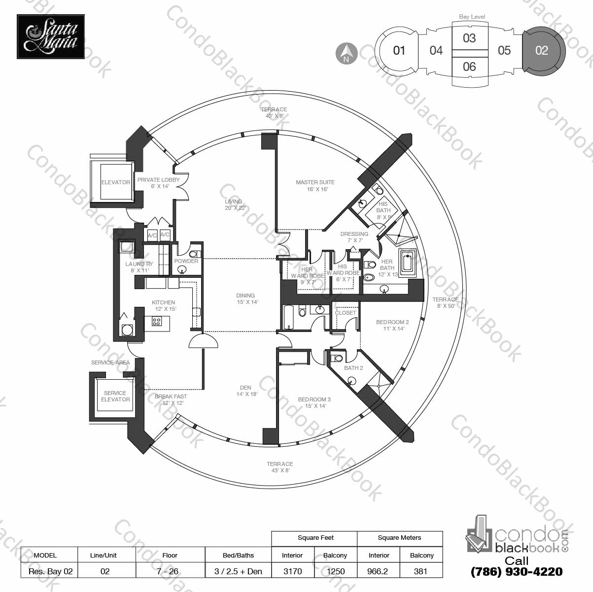 Floor plan for Santa Maria Brickell Miami, model Residence Bay 02, line 02, 3 / 2.5 + Den bedrooms, 3170 sq ft