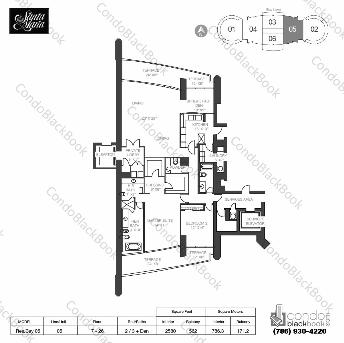Floor plan for Santa Maria Brickell Miami, model Residence Bay 05, line 05, 2 / 3 + Den bedrooms, 2580 sq ft