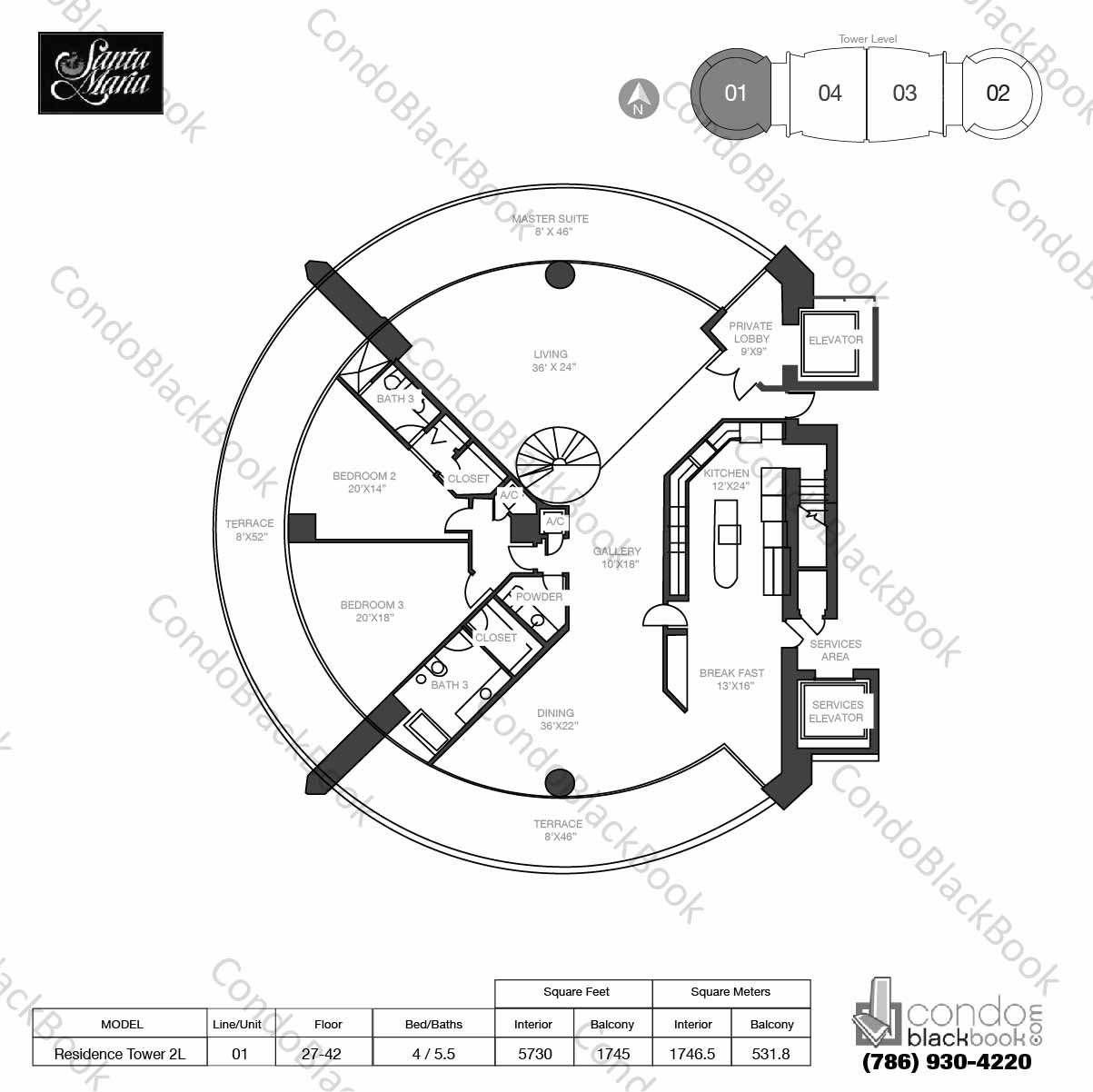 Floor plan for Santa Maria Brickell Miami, model Res. Tower 2L, line 01, 4 / 4.5 bedrooms, 5730 sq ft