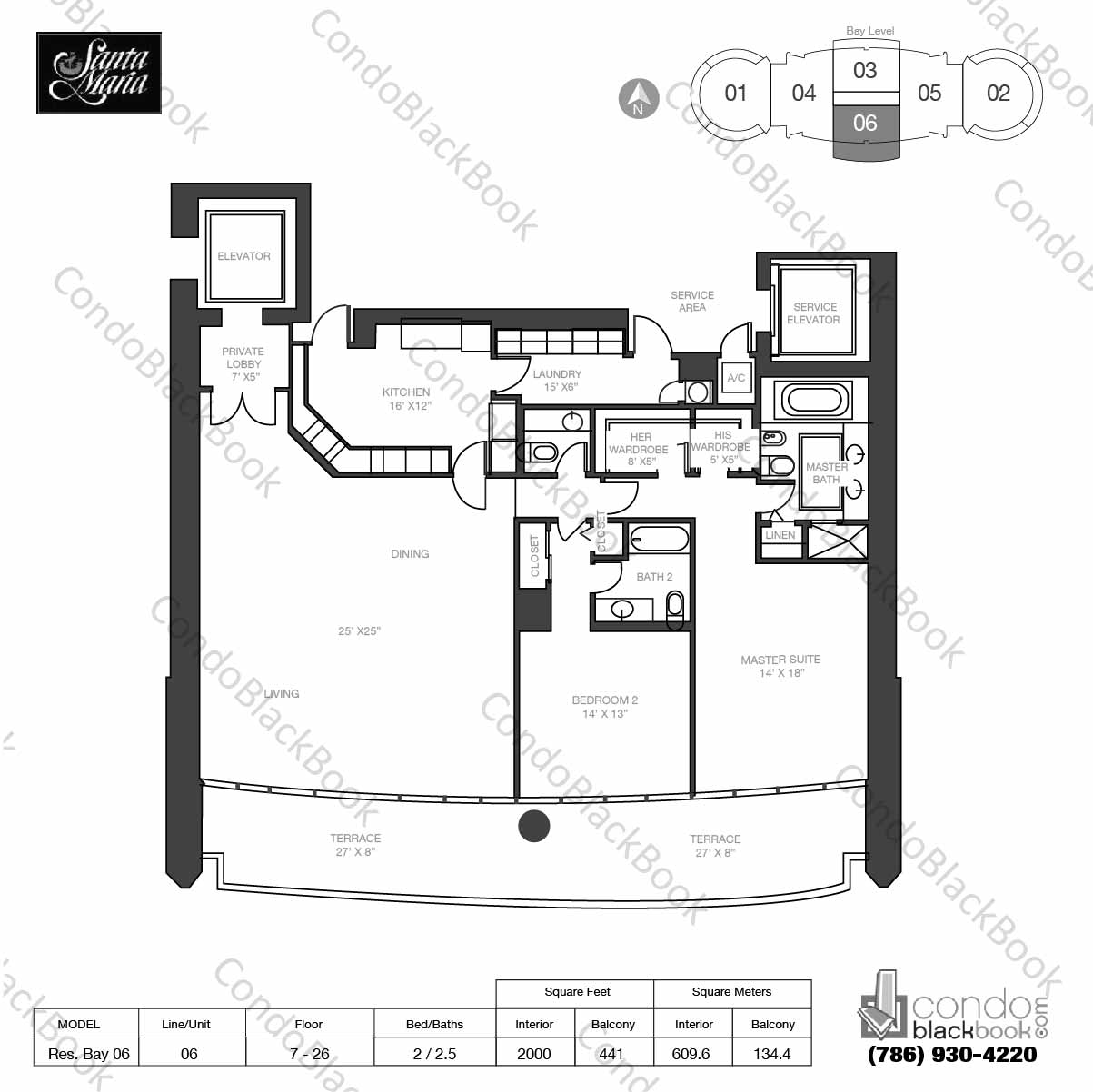 Floor plan for Santa Maria Brickell Miami, model Residence Bay 06, line 06, 2 / 2.5 bedrooms, 2000 sq ft