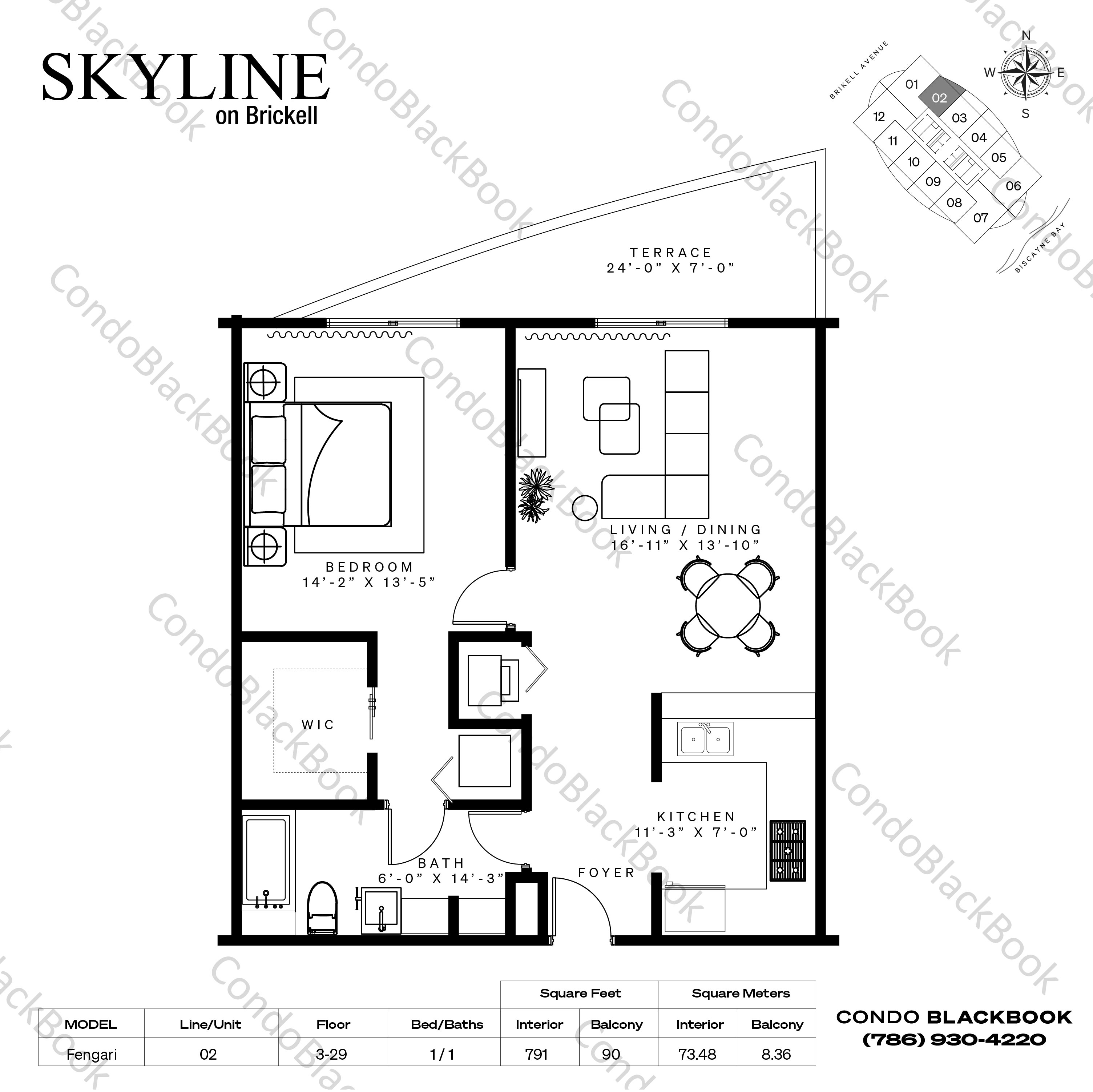 Floor plan for Skyline On Brickell Brickell Miami, model Fengari, line 02, 1 / 1 bedrooms, 791 sq ft