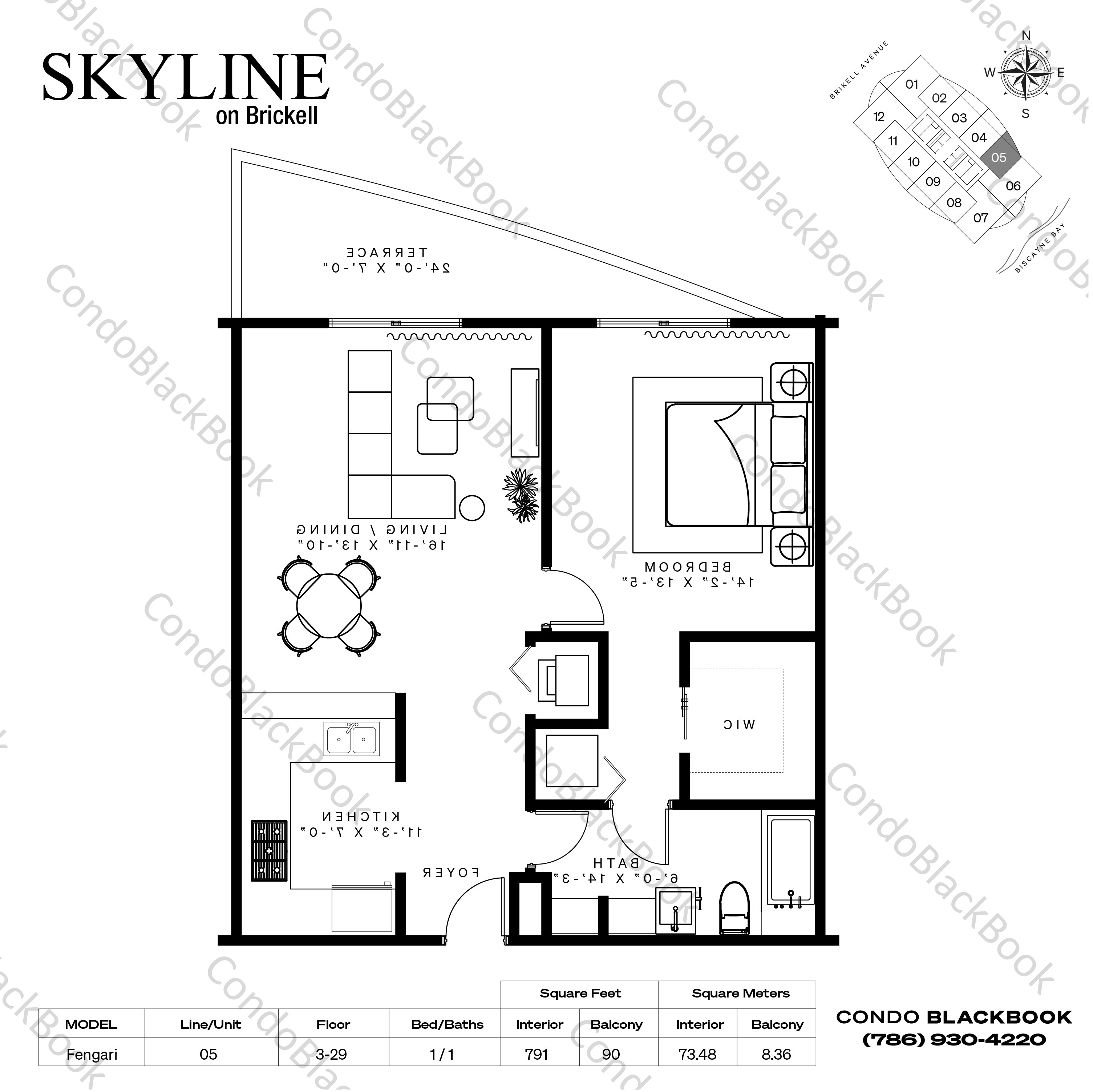 Floor plan for Skyline On Brickell Brickell Miami, model Fengari, line 05, 1 / 1 bedrooms, 791 sq ft