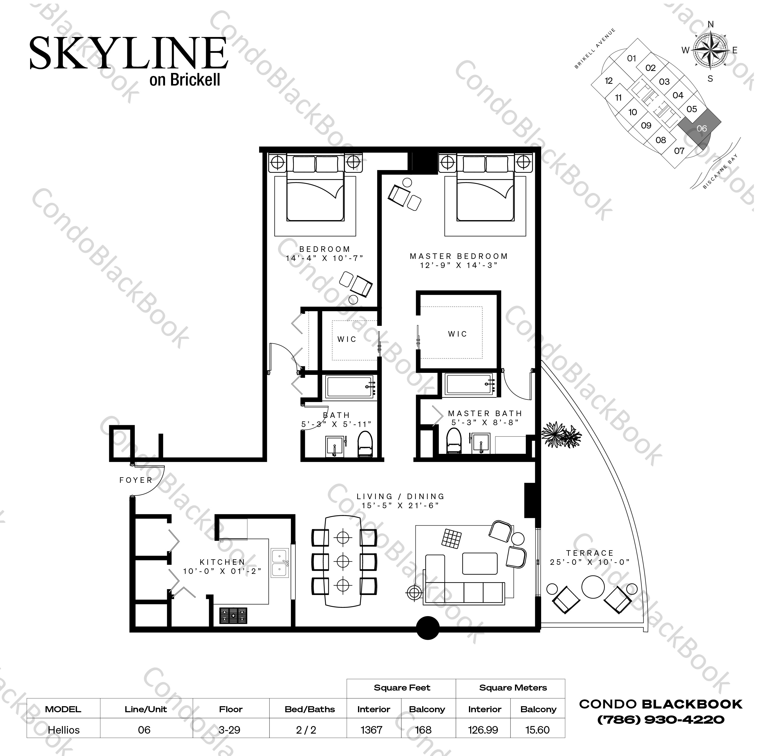 Floor plan for Skyline On Brickell Brickell Miami, model Hellios, line 06, 2 / 2 bedrooms, 1367 sq ft