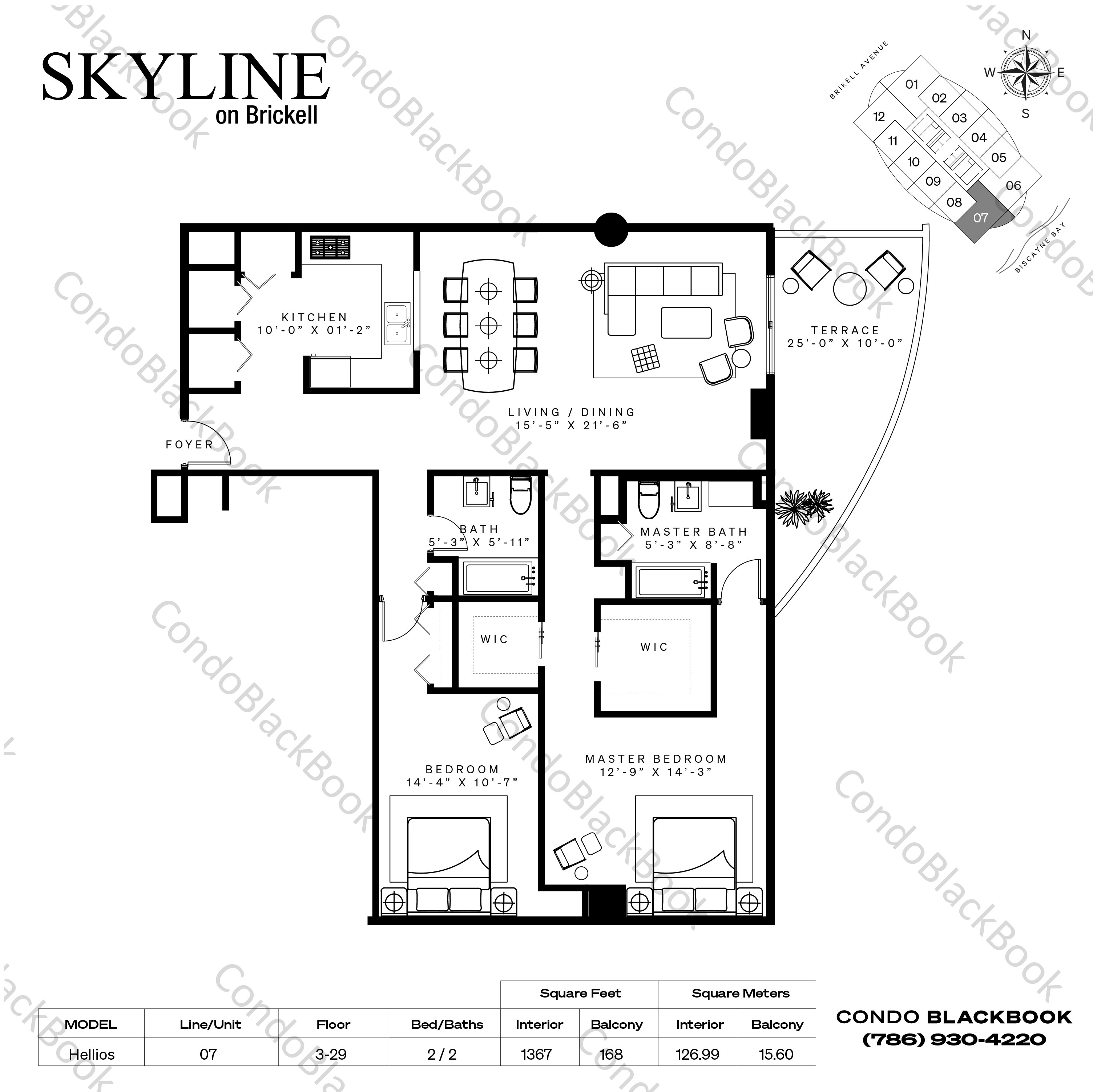 Floor plan for Skyline On Brickell Brickell Miami, model Hellios, line 07, 2 / 2 bedrooms, 1367 sq ft