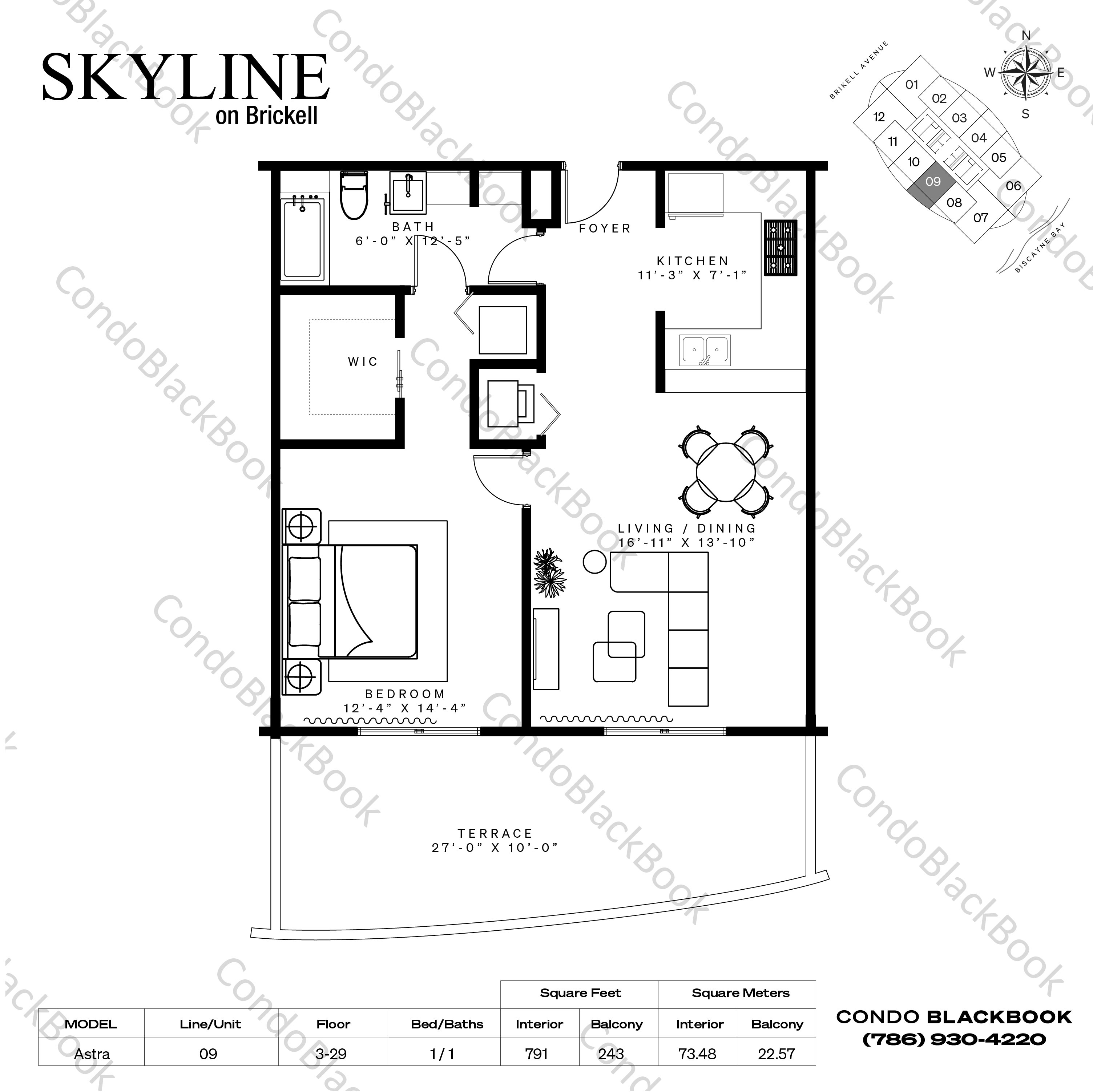 Floor plan for Skyline On Brickell Brickell Miami, model Astra, line 09, 1 / 1 bedrooms, 791 sq ft