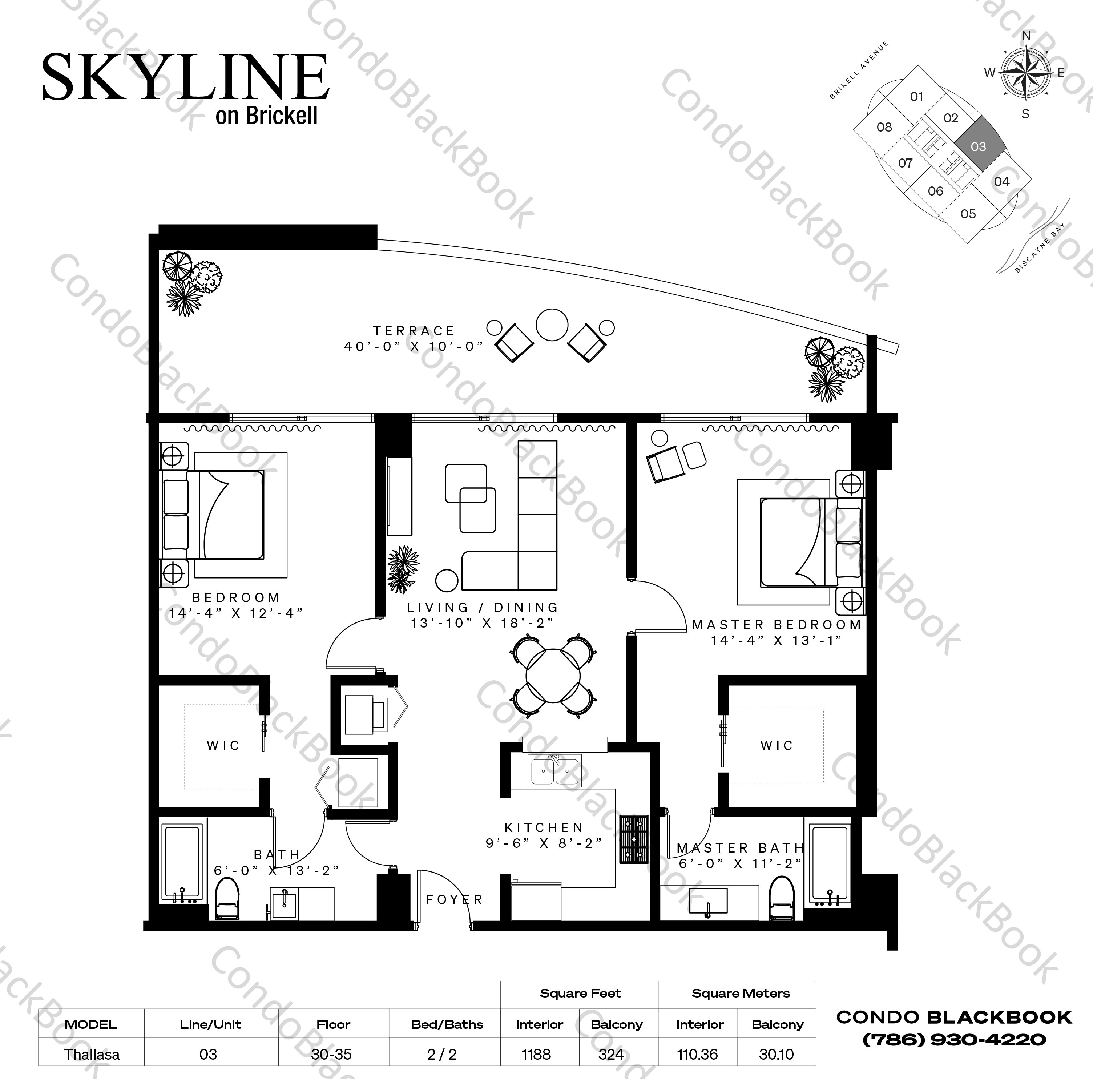 Floor plan for Skyline On Brickell Brickell Miami, model Thallasa, line 03, 2 / 2 bedrooms, 1188 sq ft