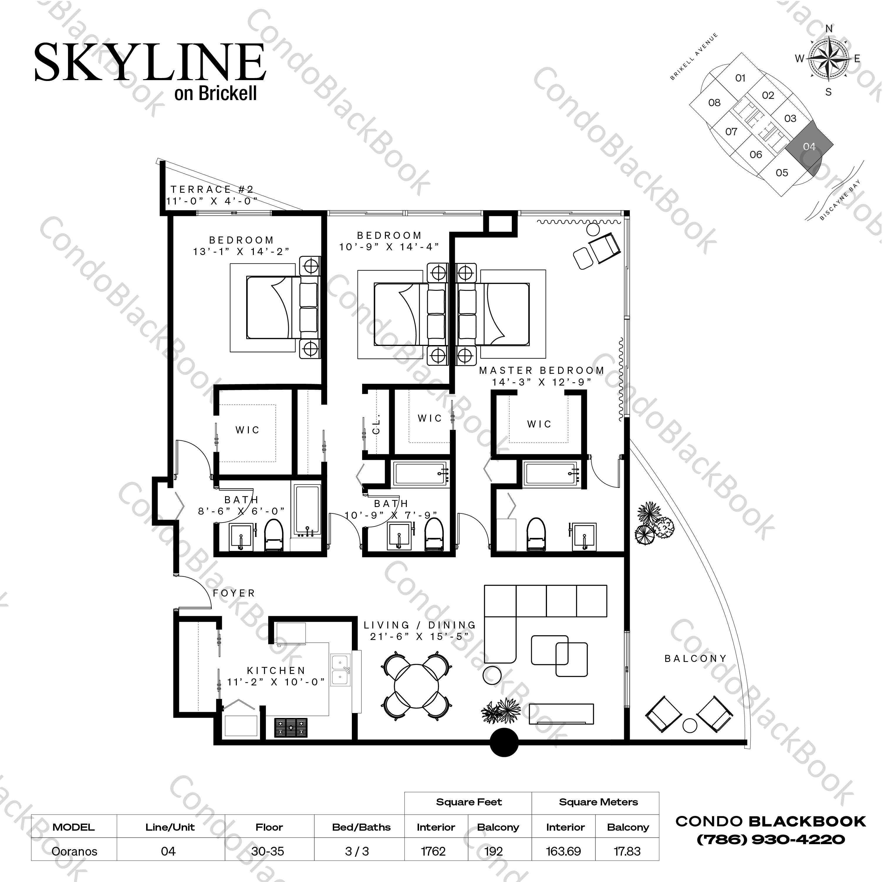 Floor plan for Skyline On Brickell Brickell Miami, model Ooranos, line 04, 3 / 3 bedrooms, 1762 sq ft
