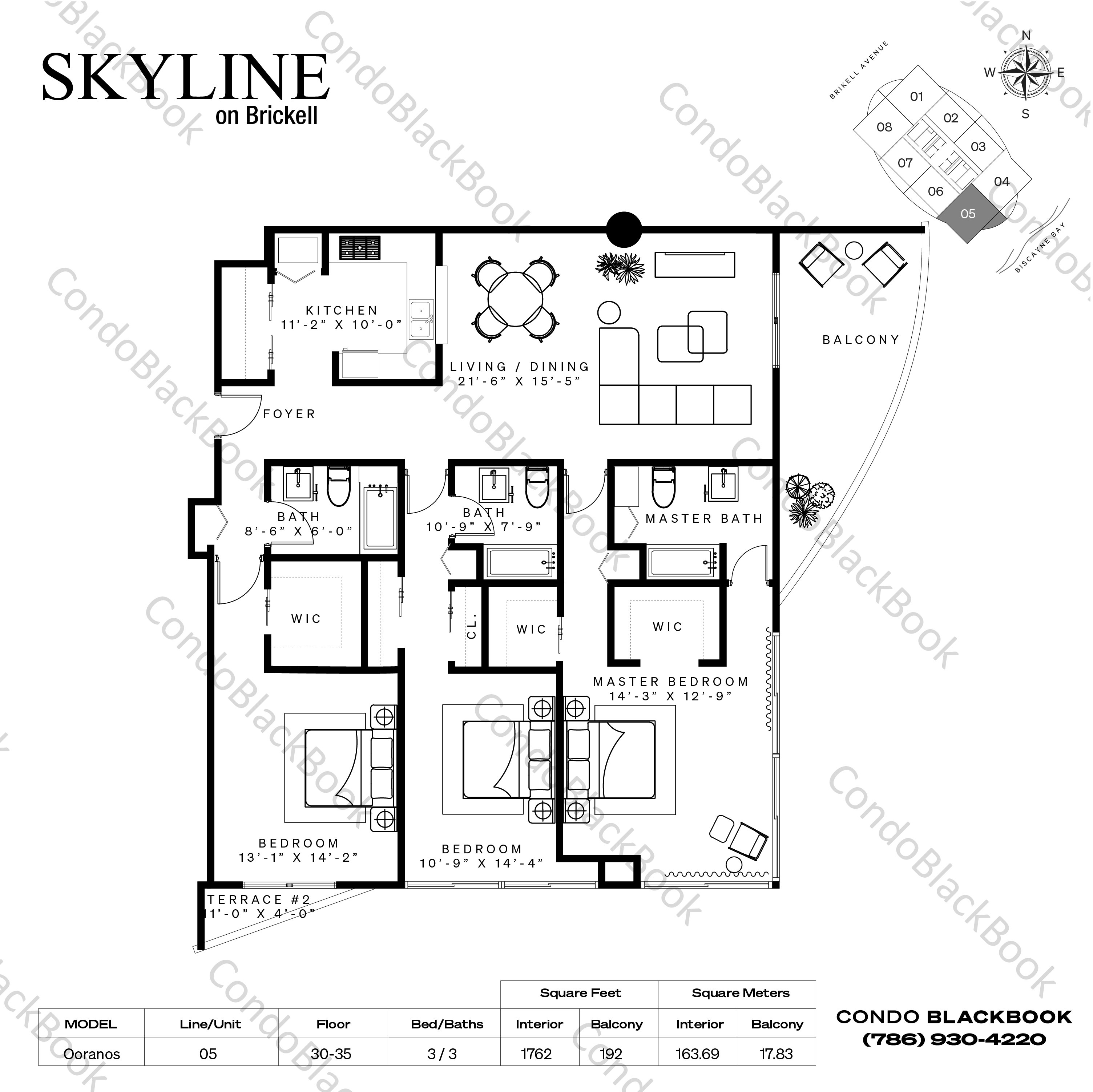 Floor plan for Skyline On Brickell Brickell Miami, model Ooranos, line 05, 3 / 3 bedrooms, 1762 sq ft