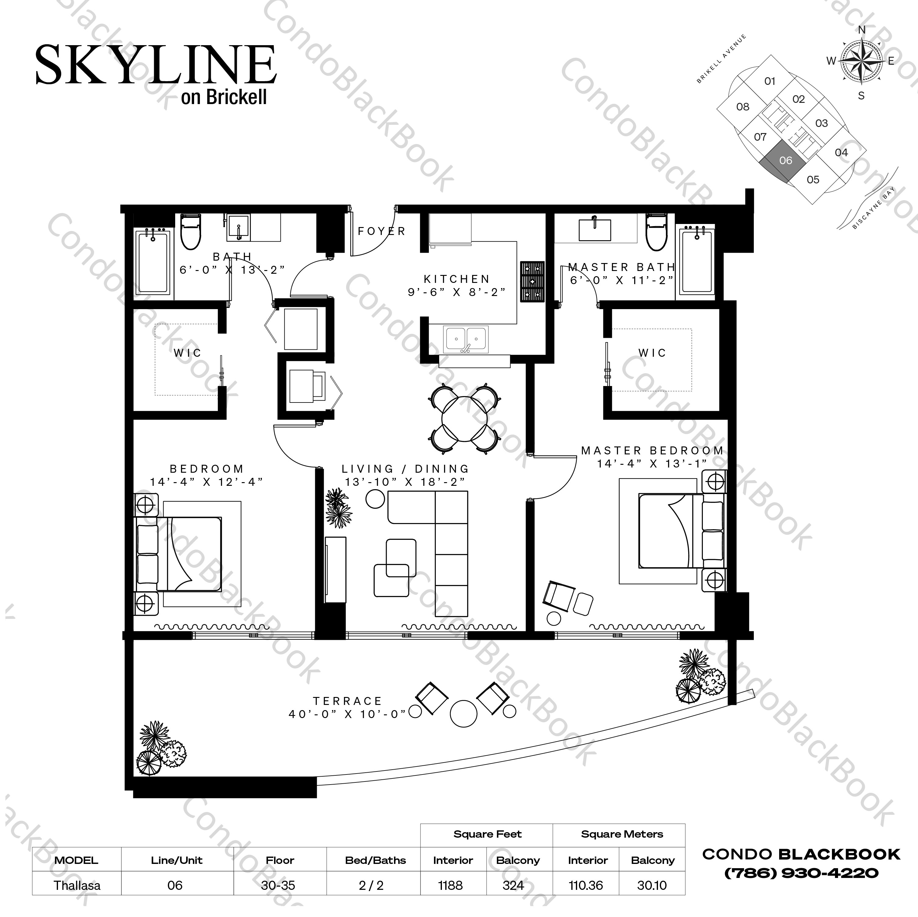 Floor plan for Skyline On Brickell Brickell Miami, model Thallasa, line 06, 2 / 2 bedrooms, 1188 sq ft