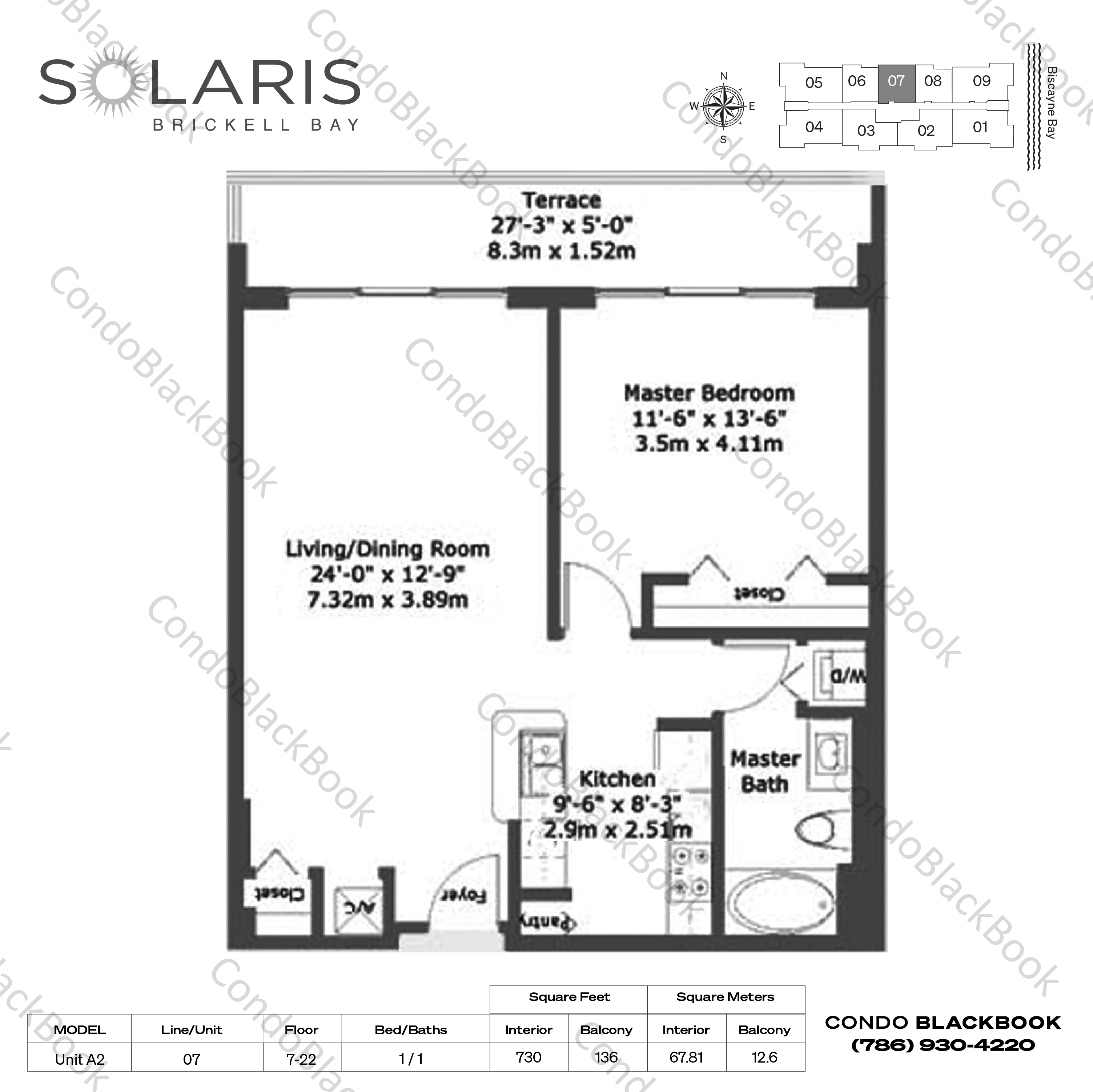 Floor plan for Solaris at Brickell Brickell Miami, model Unit A2, line 07, 1 / 1 bedrooms, 730 sq ft