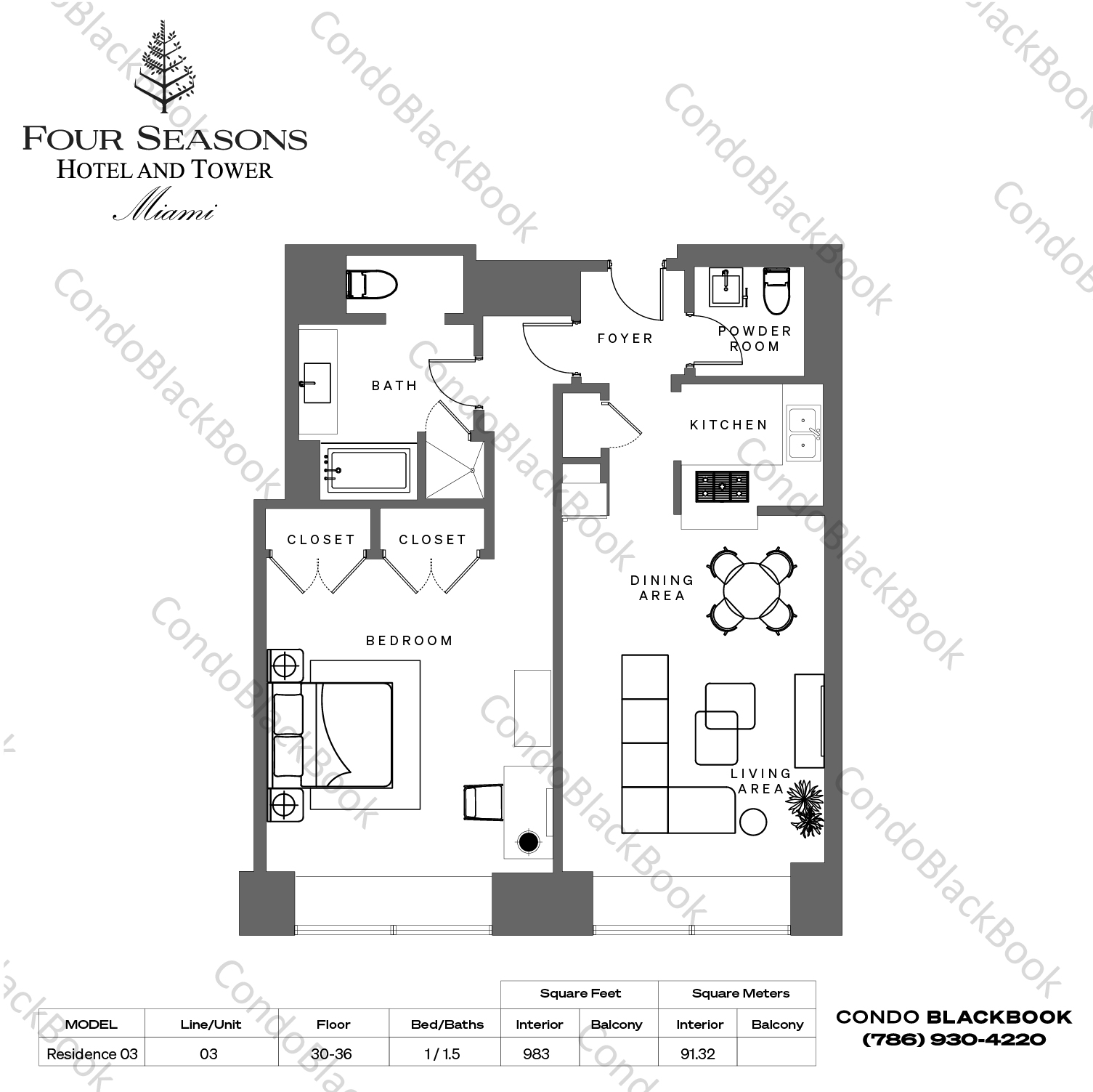 Floor plan for The Four Seasons Residences Brickell Miami, model Residence 03, line 03, 1 / 1.5 bedrooms, 983 sq ft