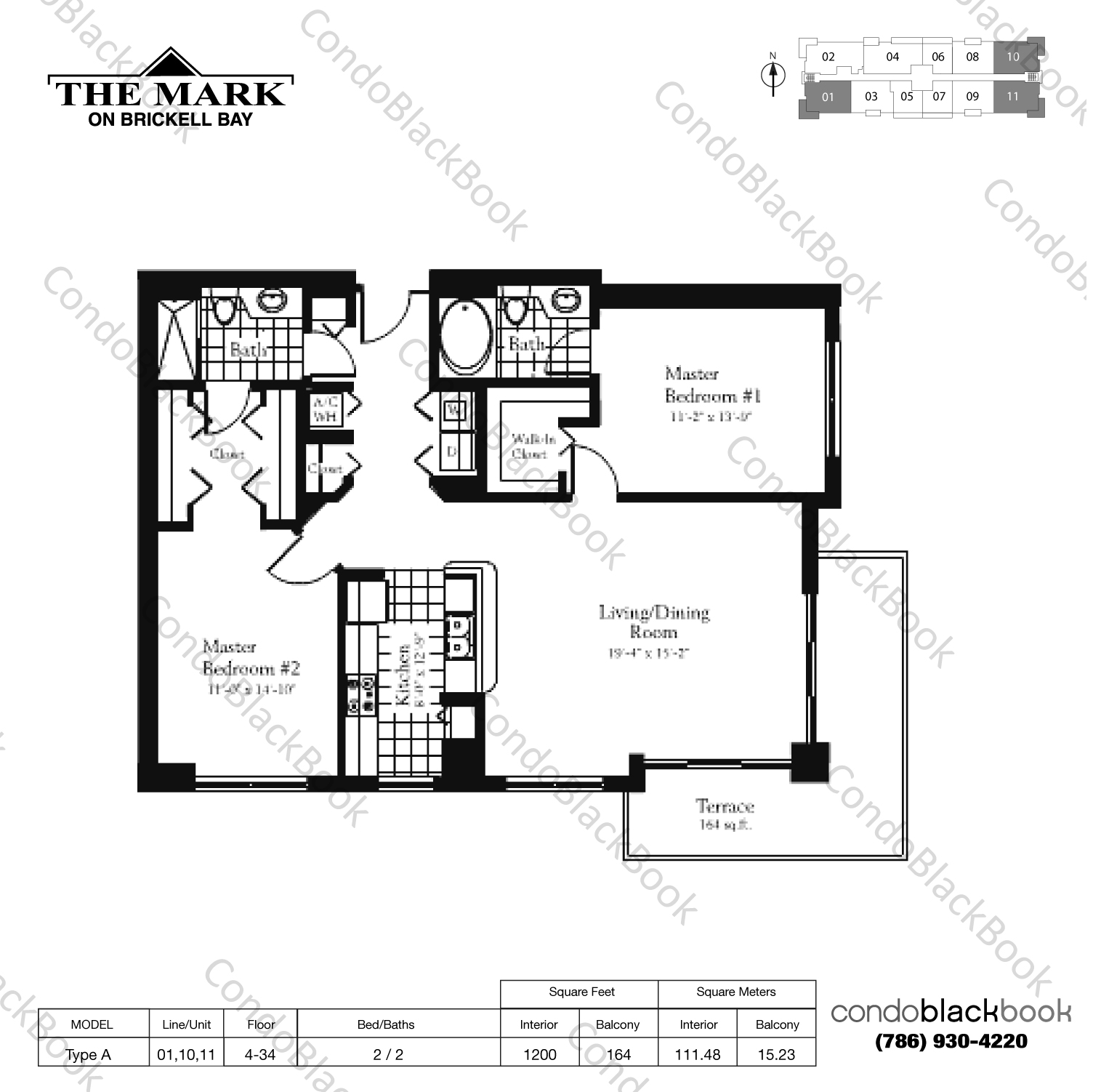 Floor plan for The Mark Brickell Miami, model Type A, line 01,10,11, 2 / 2 bedrooms, 1201 sq ft