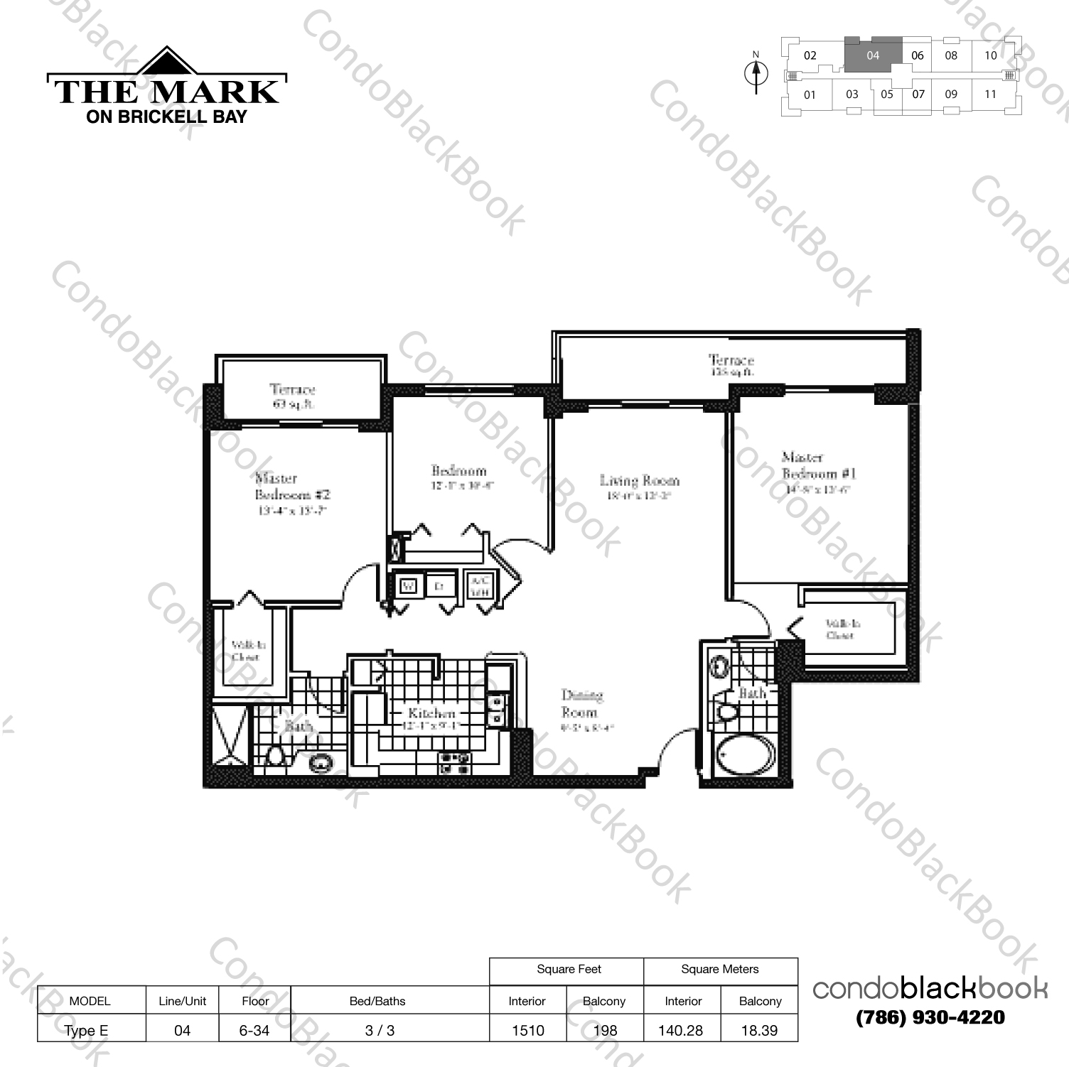 Floor plan for The Mark Brickell Miami, model Type E, line 04, 3 / 3 bedrooms, 1510 sq ft
