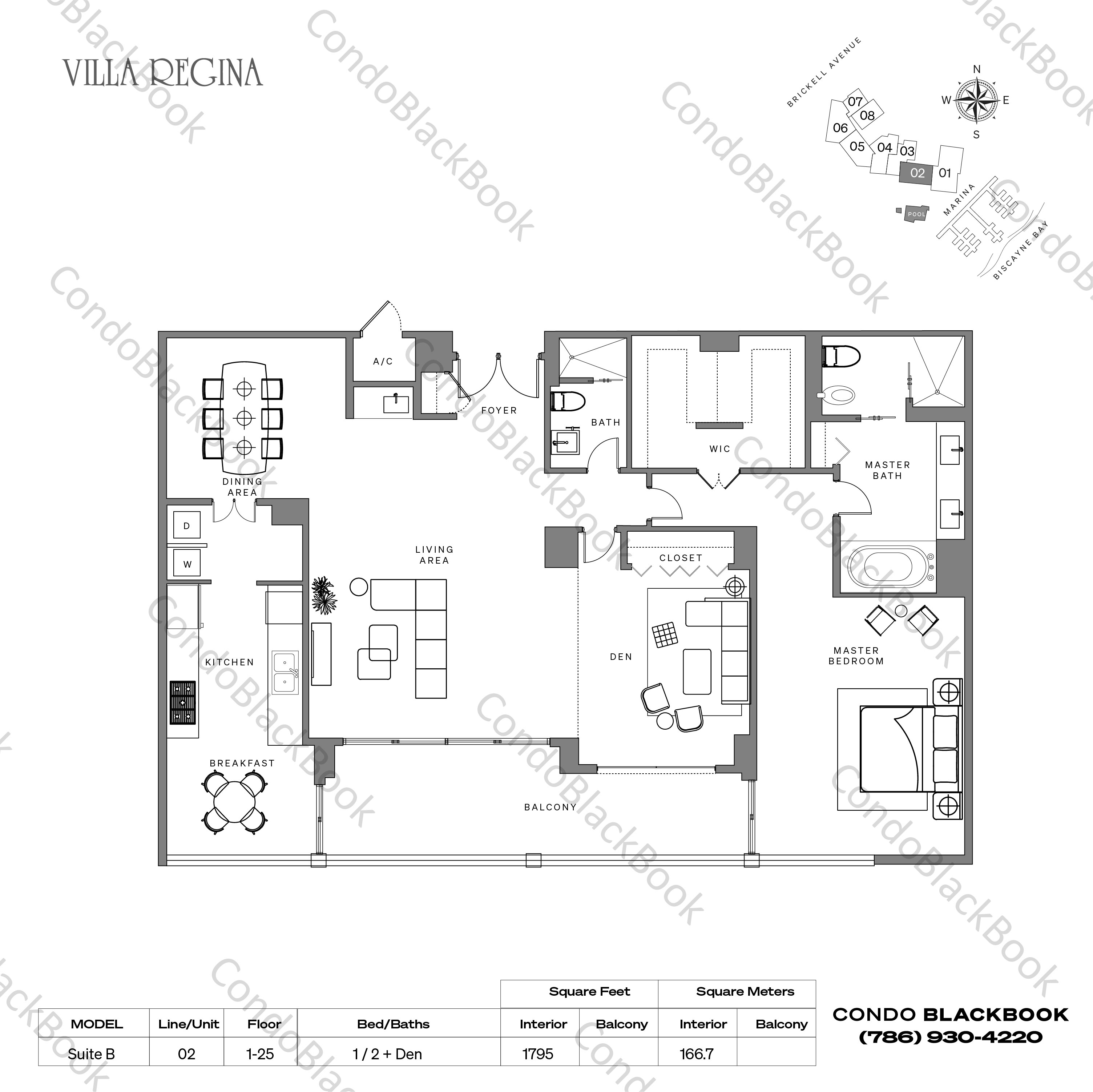 Floor plan for Villa Regina Condo Brickell Miami, model Suite B, line 02, 1 / 2 + Den bedrooms, 1795 sq ft