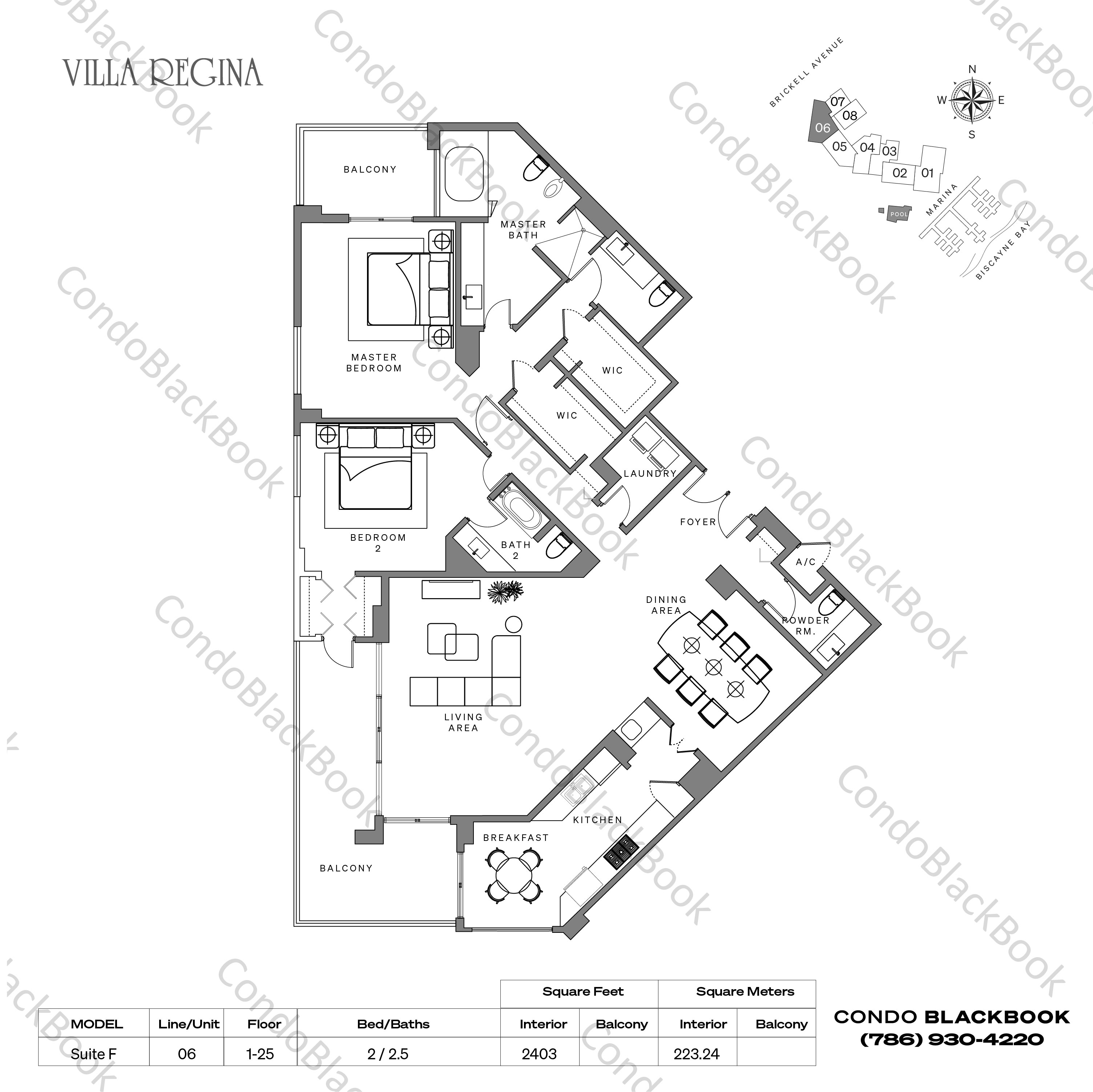 Floor plan for Villa Regina Condo Brickell Miami, model Suite F, line 06, 2 / 2.5 bedrooms, 2403 sq ft