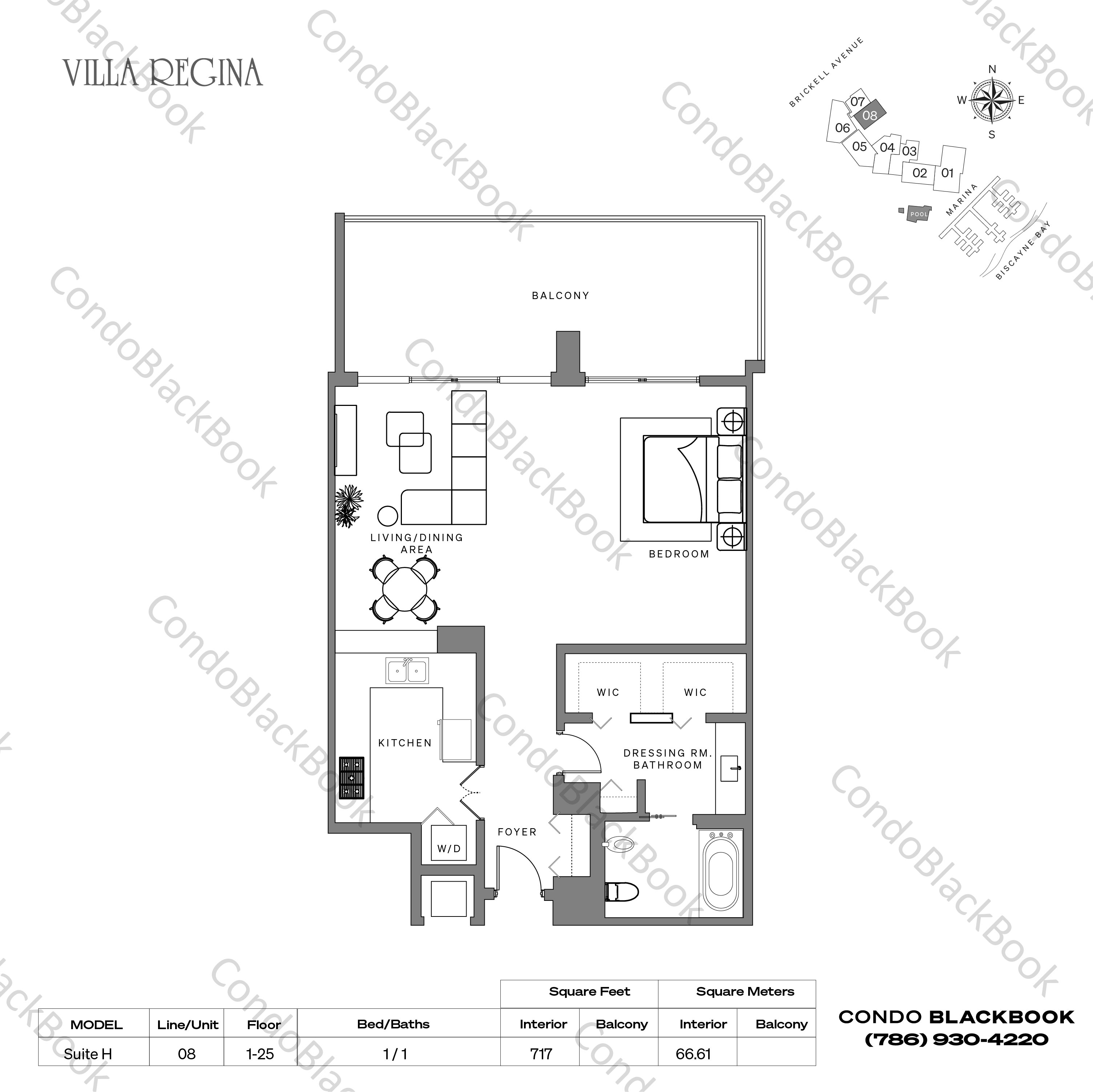 Floor plan for Villa Regina Condo Brickell Miami, model Suite H, line 08, 1 / 1 bedrooms, 717 sq ft