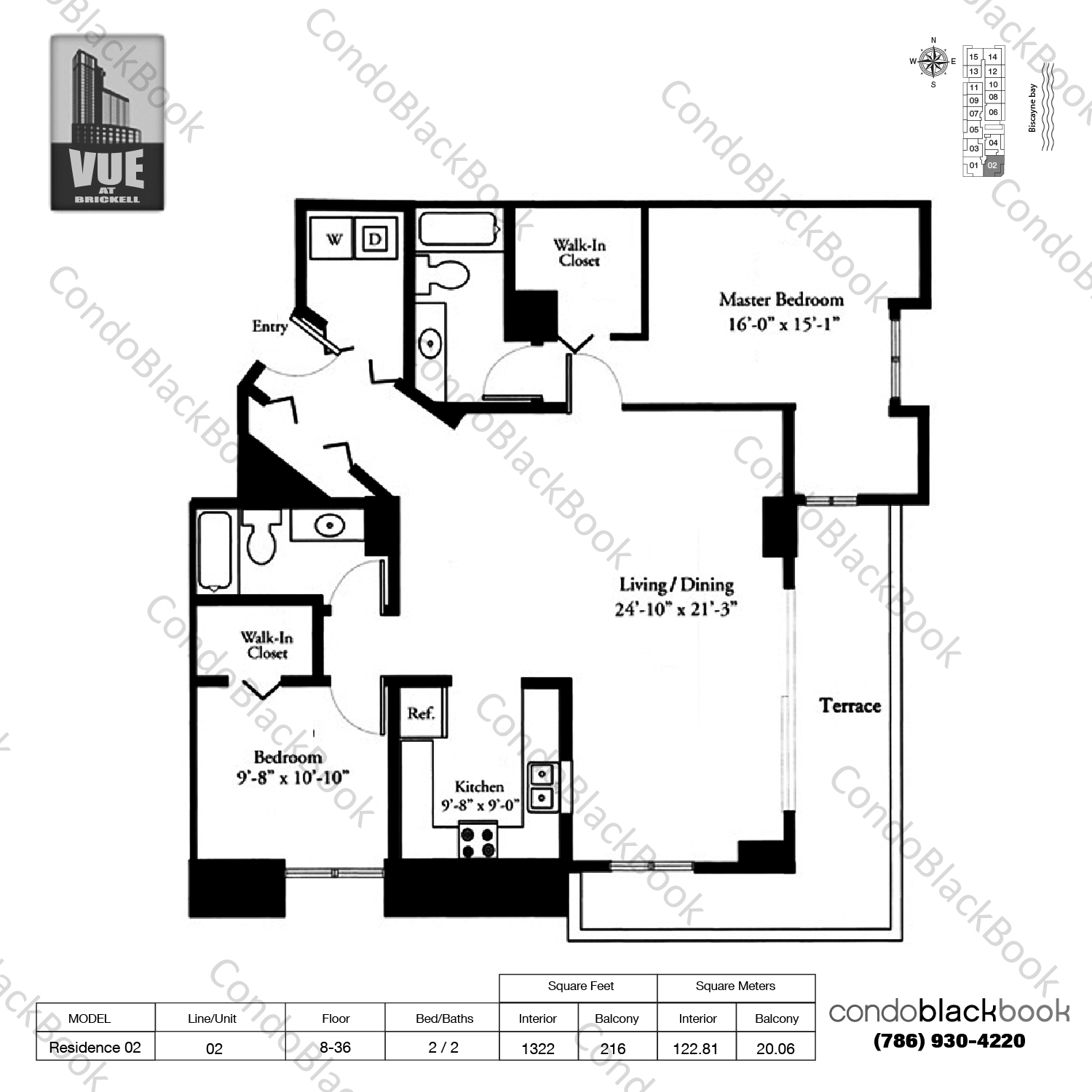 Floor plan for Vue Brickell Miami, model Residence 02, line 02, 2 / 2 bedrooms, 1322 sq ft