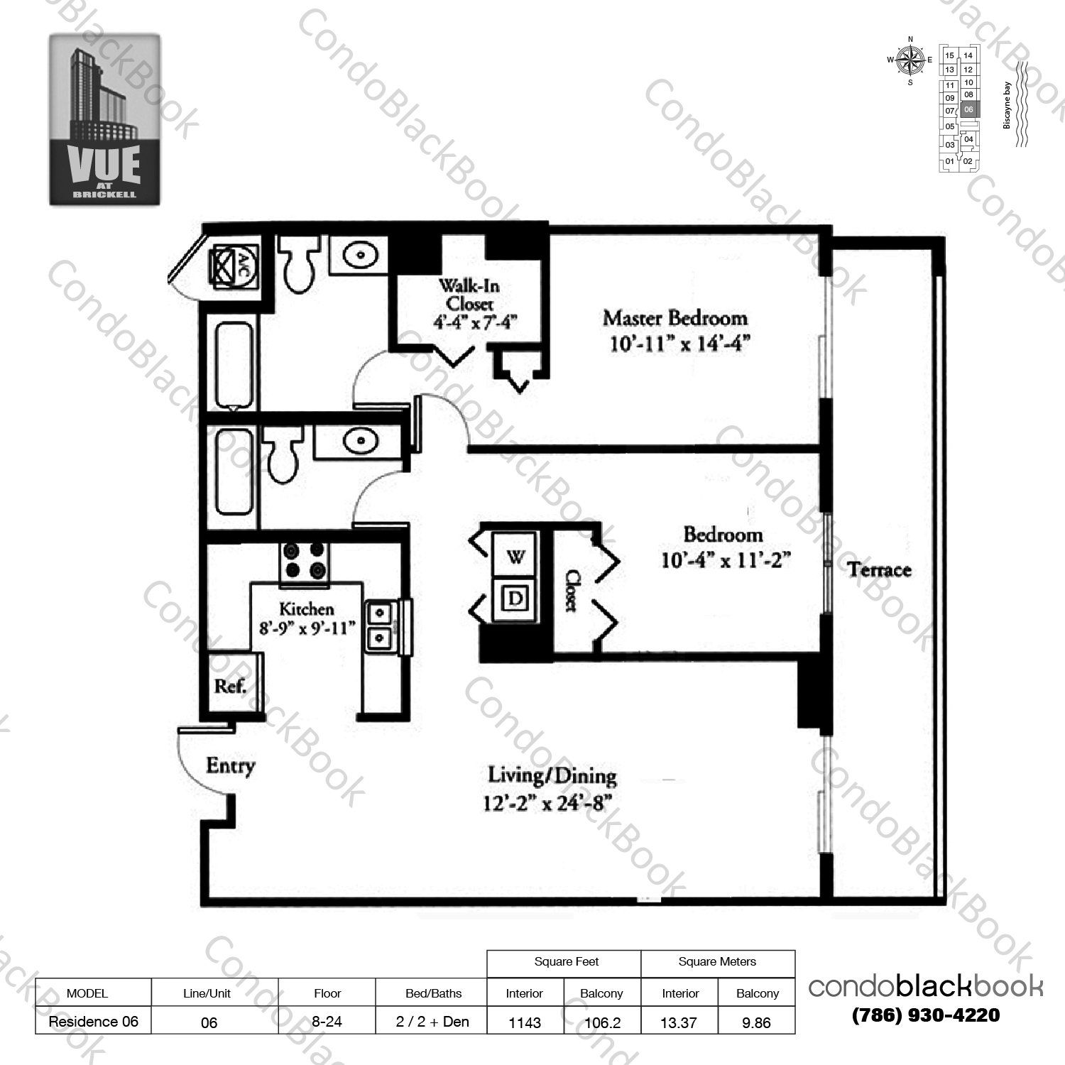 Floor plan for Vue Brickell Miami, model Residence 06, line 06, 2 / 2 + Den bedrooms, 1143 sq ft