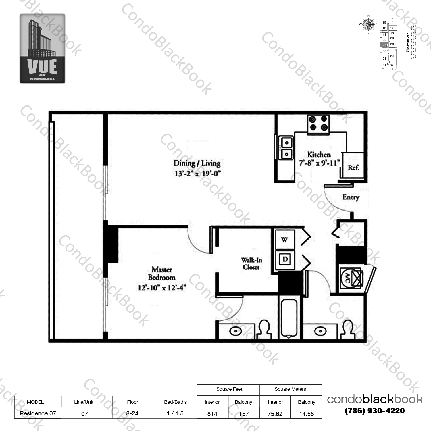 Floor plan for Vue Brickell Miami, model Residence 07, line 07, 1 / 1.5 bedrooms, 814 sq ft