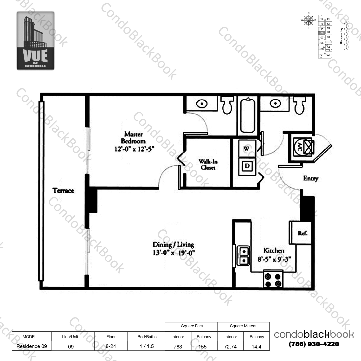 Floor plan for Vue Brickell Miami, model Residence 09, line 09, 1 / 1.5 bedrooms, 783 sq ft