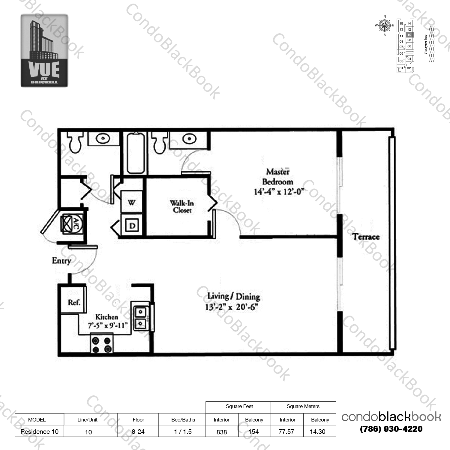 Floor plan for Vue Brickell Miami, model Residence 10, line 10, 1 / 1.5 bedrooms, 838 sq ft