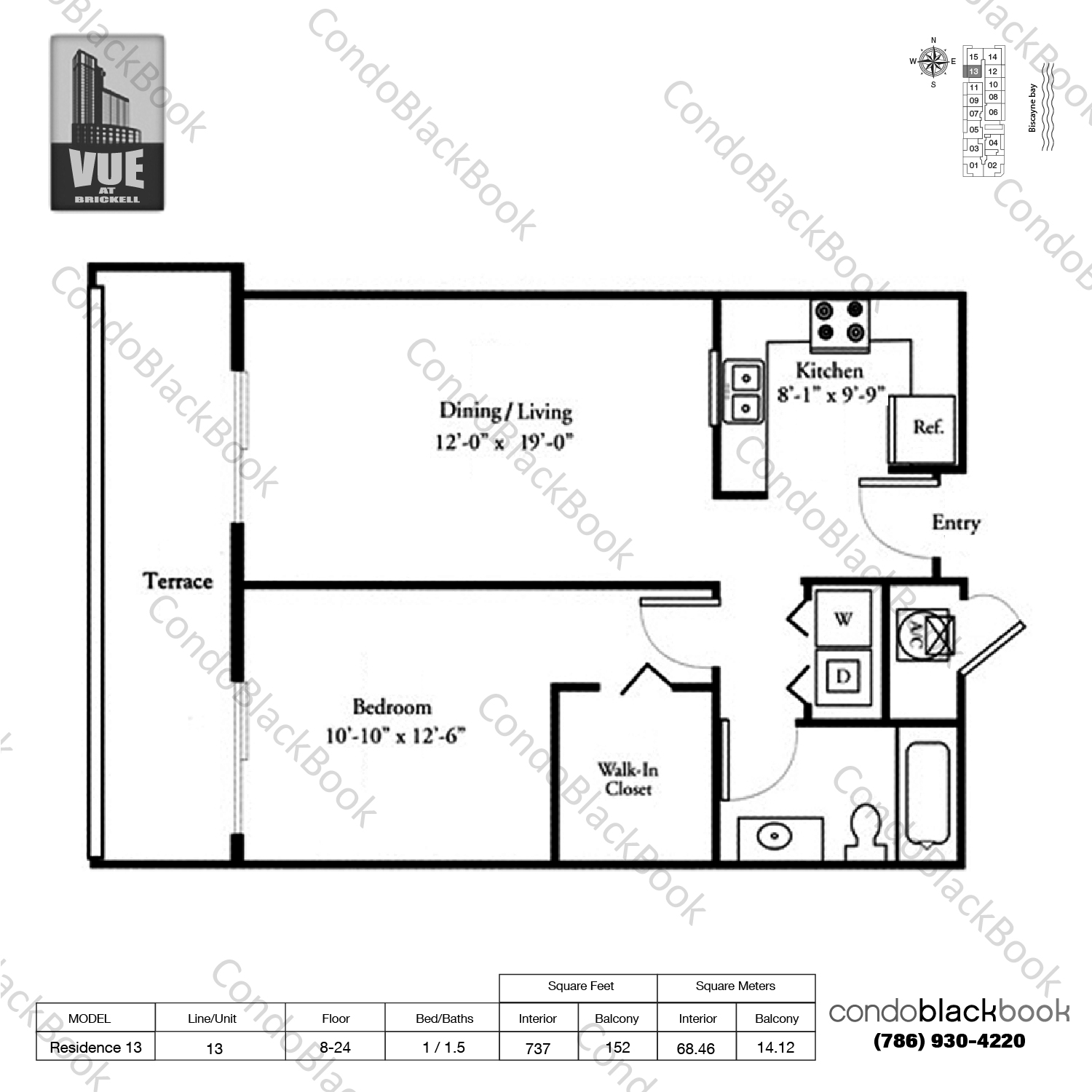 Floor plan for Vue Brickell Miami, model Residence 13, line 13, 1 / 1.5 bedrooms, 737 sq ft