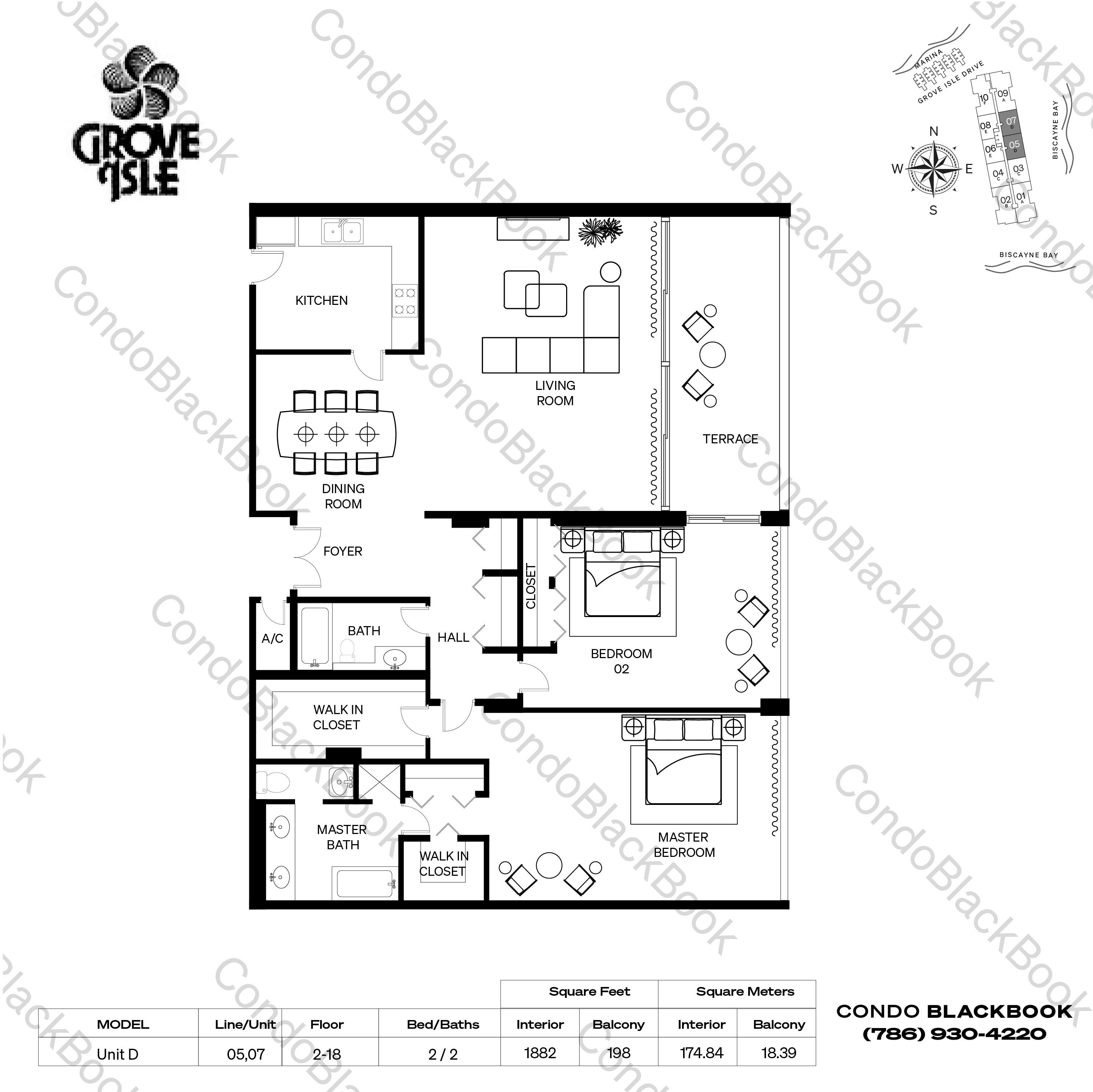 Floor plan for One Grove Isle Condo Coconut Grove Miami, model Unit D, line 05,07, 2 / 2 bedrooms, 1882 sq ft