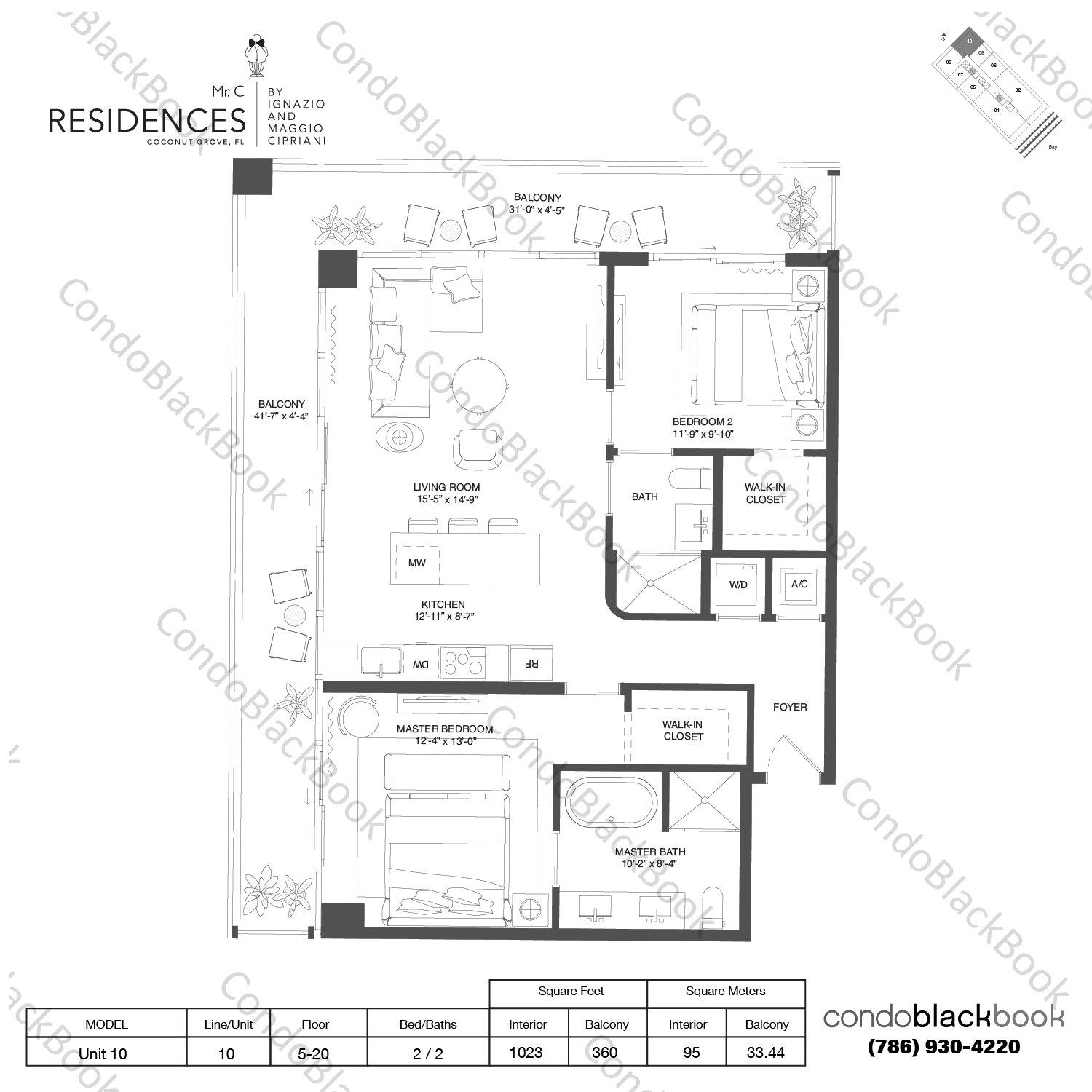 Floor plan for Mr. C Residences Bayshore Tower Coconut Grove Miami, model Unit 10, line 10, 2 / 2 bedrooms, 1023 sq ft