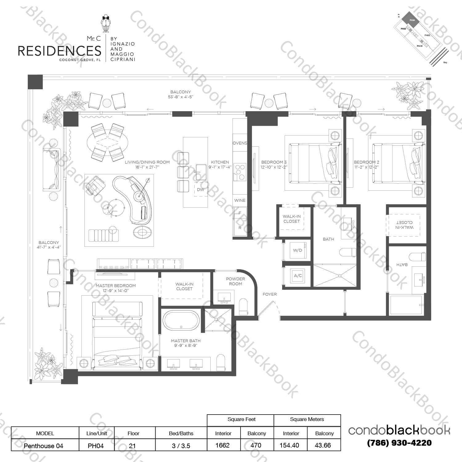 Floor plan for Mr. C Residences Bayshore Tower Coconut Grove Miami, model Penthouse 04, line PH04, 3 / 3.5 bedrooms, 1662 sq ft
