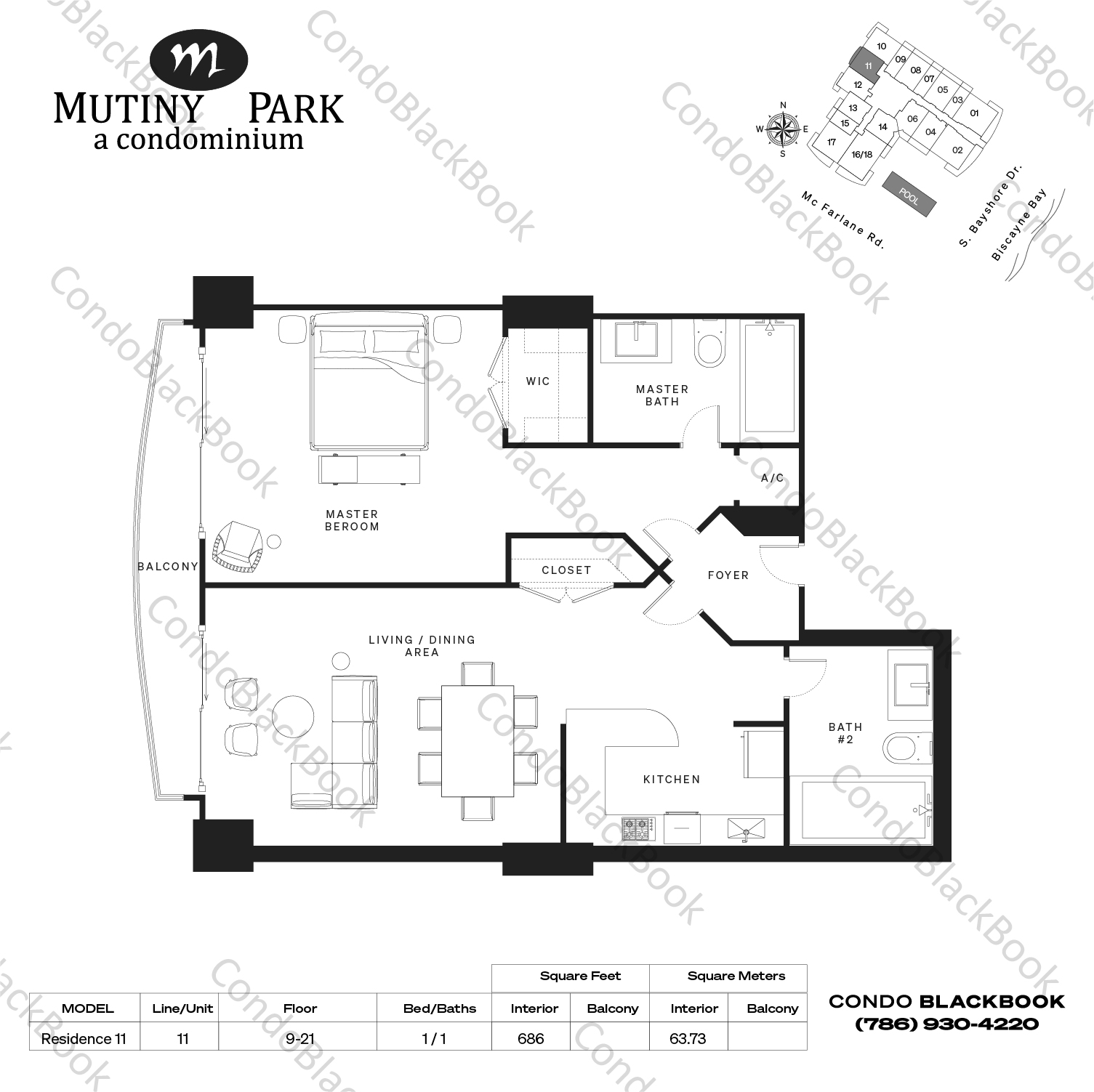 Floor plan for Mutiny Park Coconut Grove Miami, model Residence 11, line 11, 1 / 1 bedrooms, 686 sq ft
