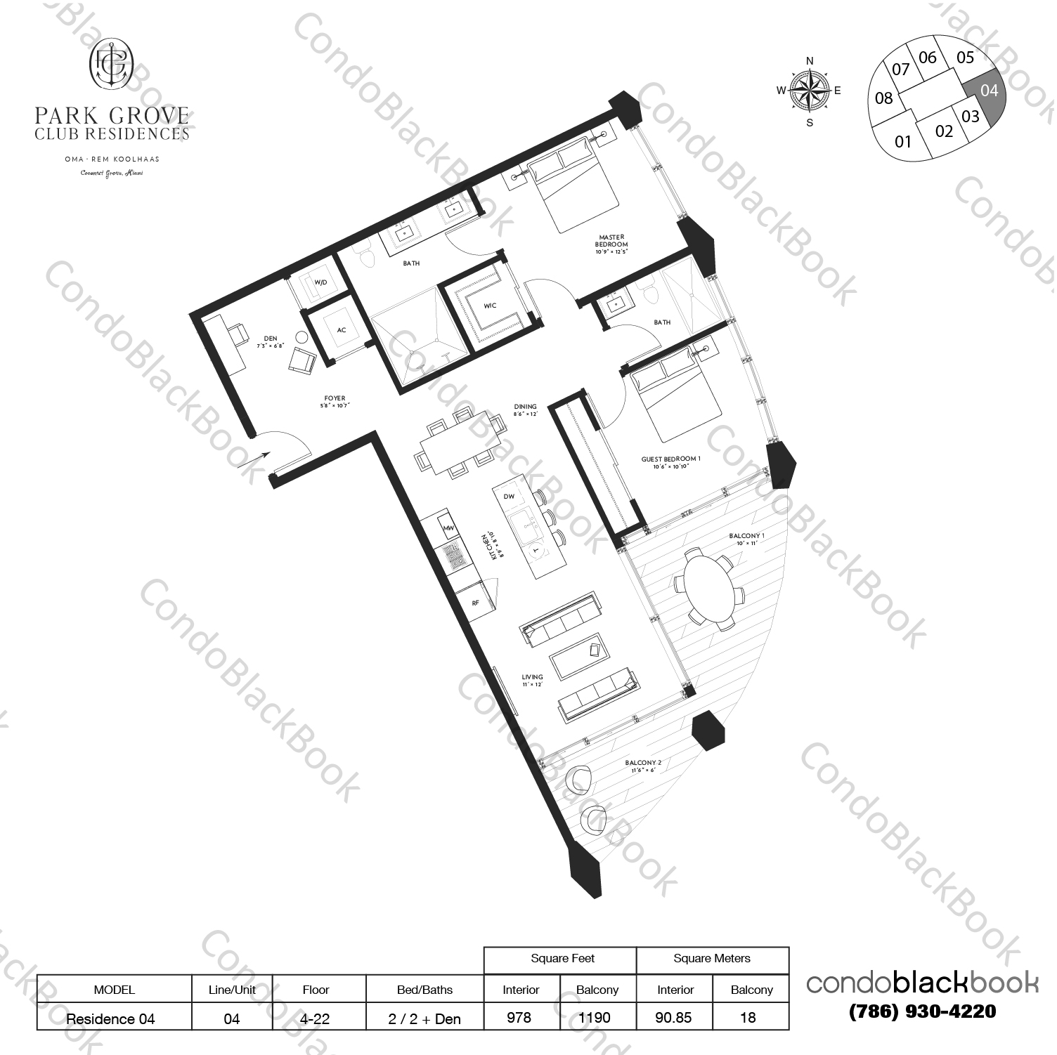Floor plan for Park Grove Club Residences Coconut Grove Miami, model Residence 04, line 04, 2 / 2 + Den bedrooms, 978 sq ft