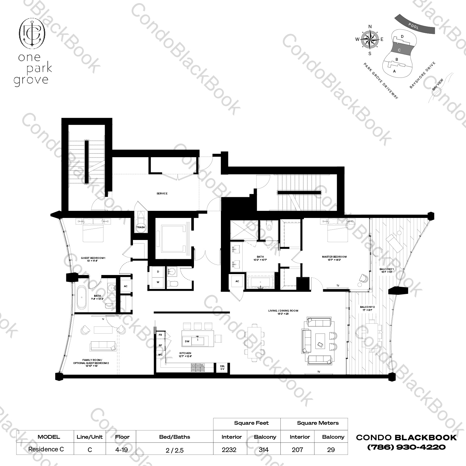 Floor plan for One Park Grove Coconut Grove Miami, model Residence C, line C, 2 / 2.5 bedrooms, 2232 sq ft