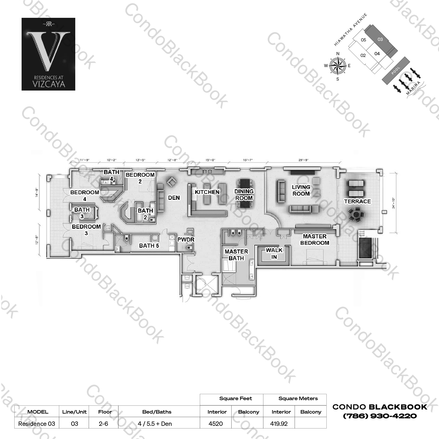 Floor plan for Residences at Vizcaya Coconut Grove Miami, model Residence 03, line 03, 4 / 5.5 + Den bedrooms, 4520 sq ft