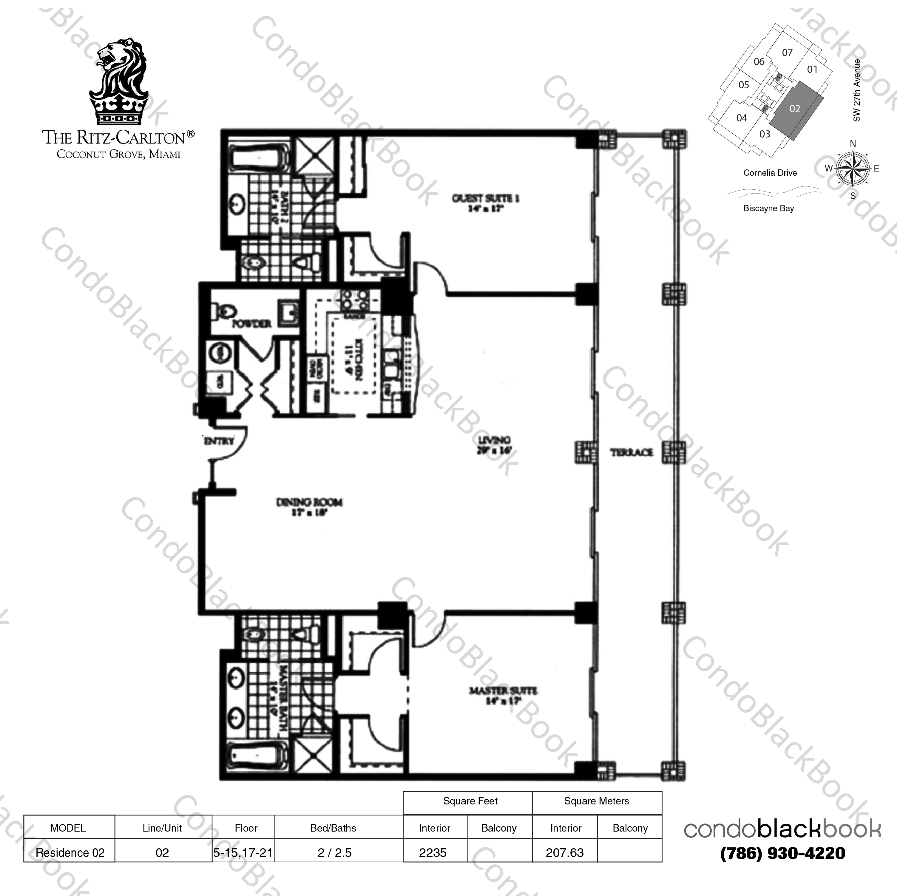 Floor plan for Ritz-Carlton Coconut Grove Coconut Grove Miami, model Residence 02, line 02, 2 / 2.5 bedrooms, 2235 sq ft