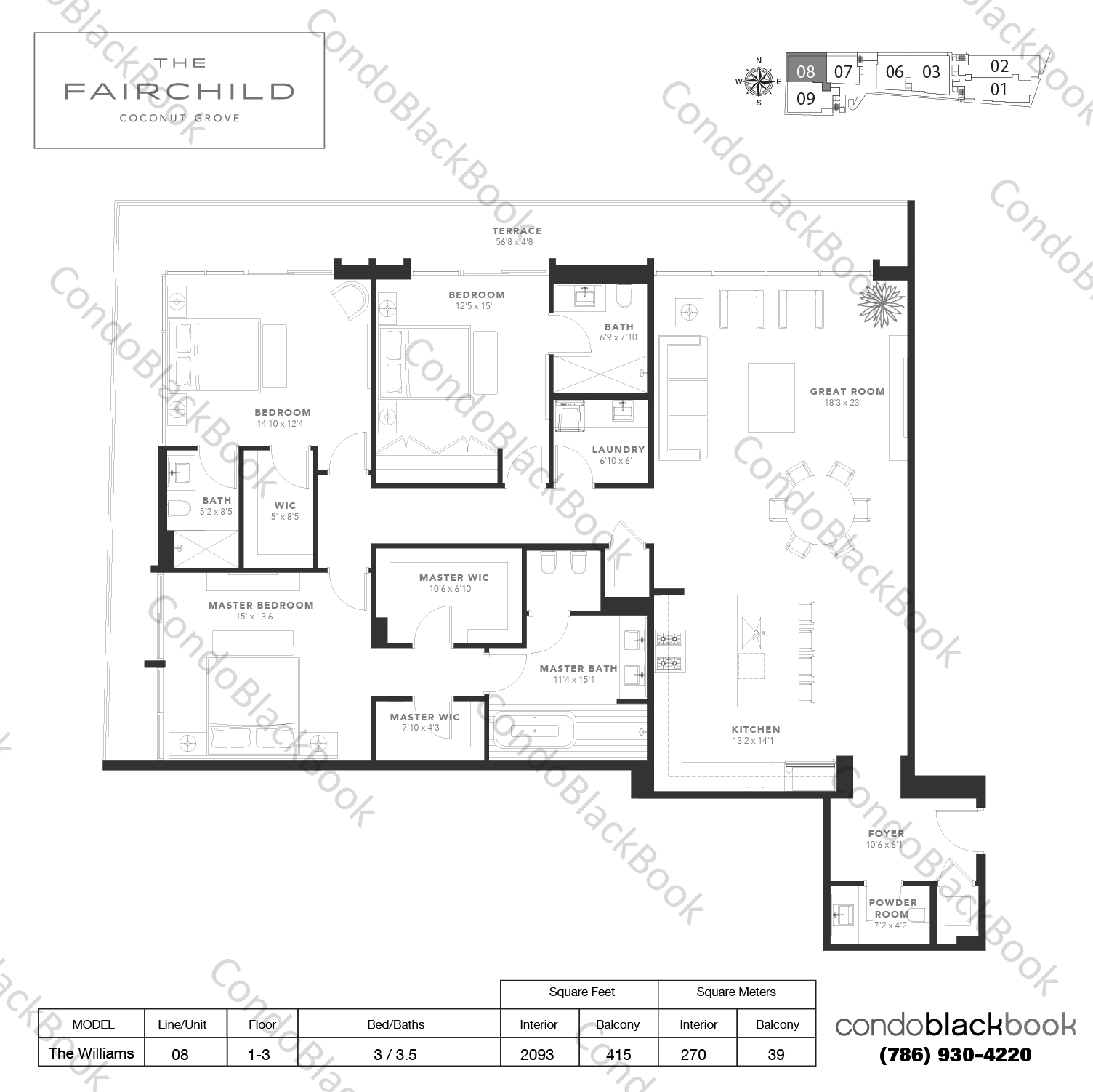 Floor plan for The Fairchild Coconut Grove Miami, model The Williams, line 08, 3 / 3.5 bedrooms, 2093 sq ft