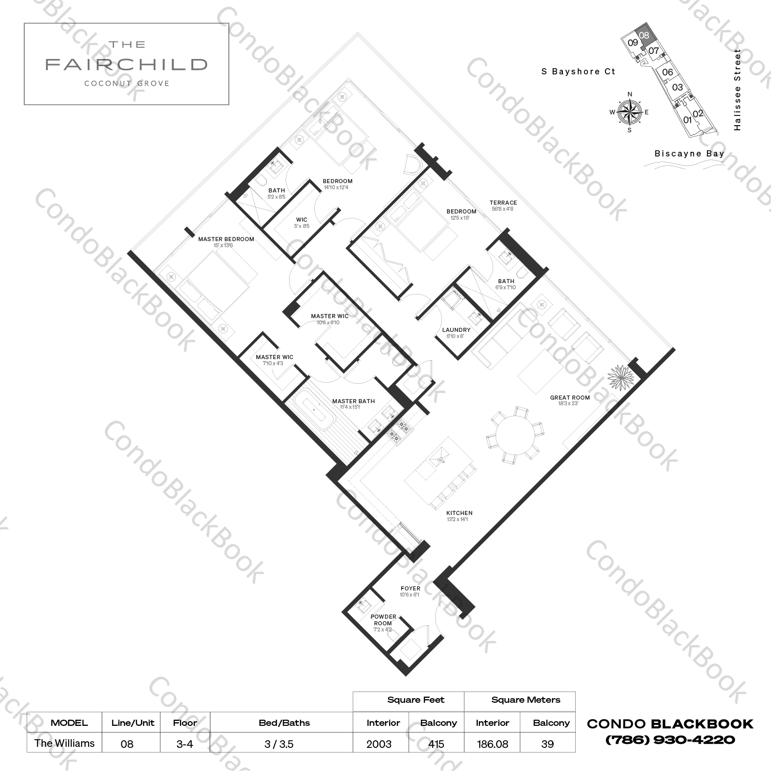 Floor plan for The Fairchild Coconut Grove Miami, model The Williams, line 08, 3 / 3.5 bedrooms, 2003 sq ft