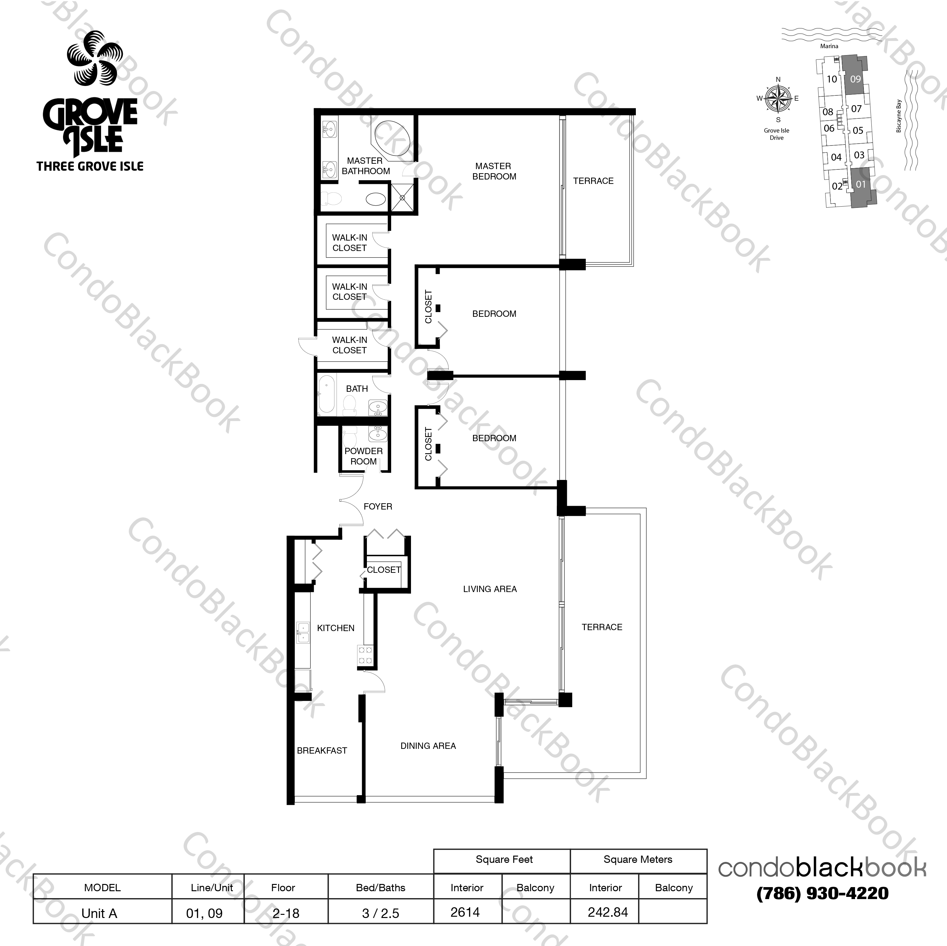 Floor plan for Three Grove Isle Condo Coconut Grove Miami, model Unit A, line 01, 09, 3 / 2.5 bedrooms, 2614 sq ft