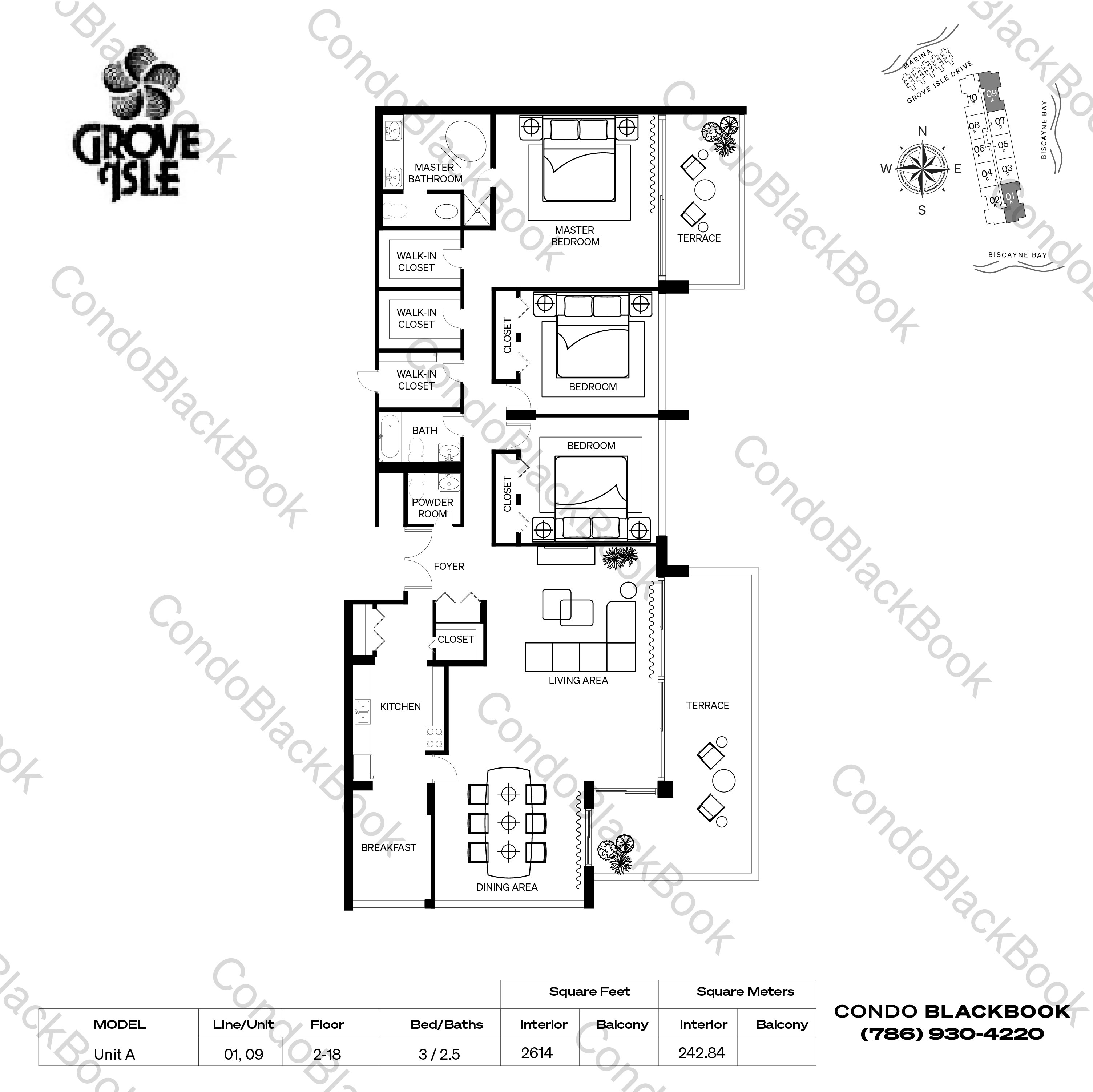 Floor plan for Two Grove Isle Condo Coconut Grove Miami, model Unit A, line 01, 09, 3 / 2.5 bedrooms, 2614 sq ft
