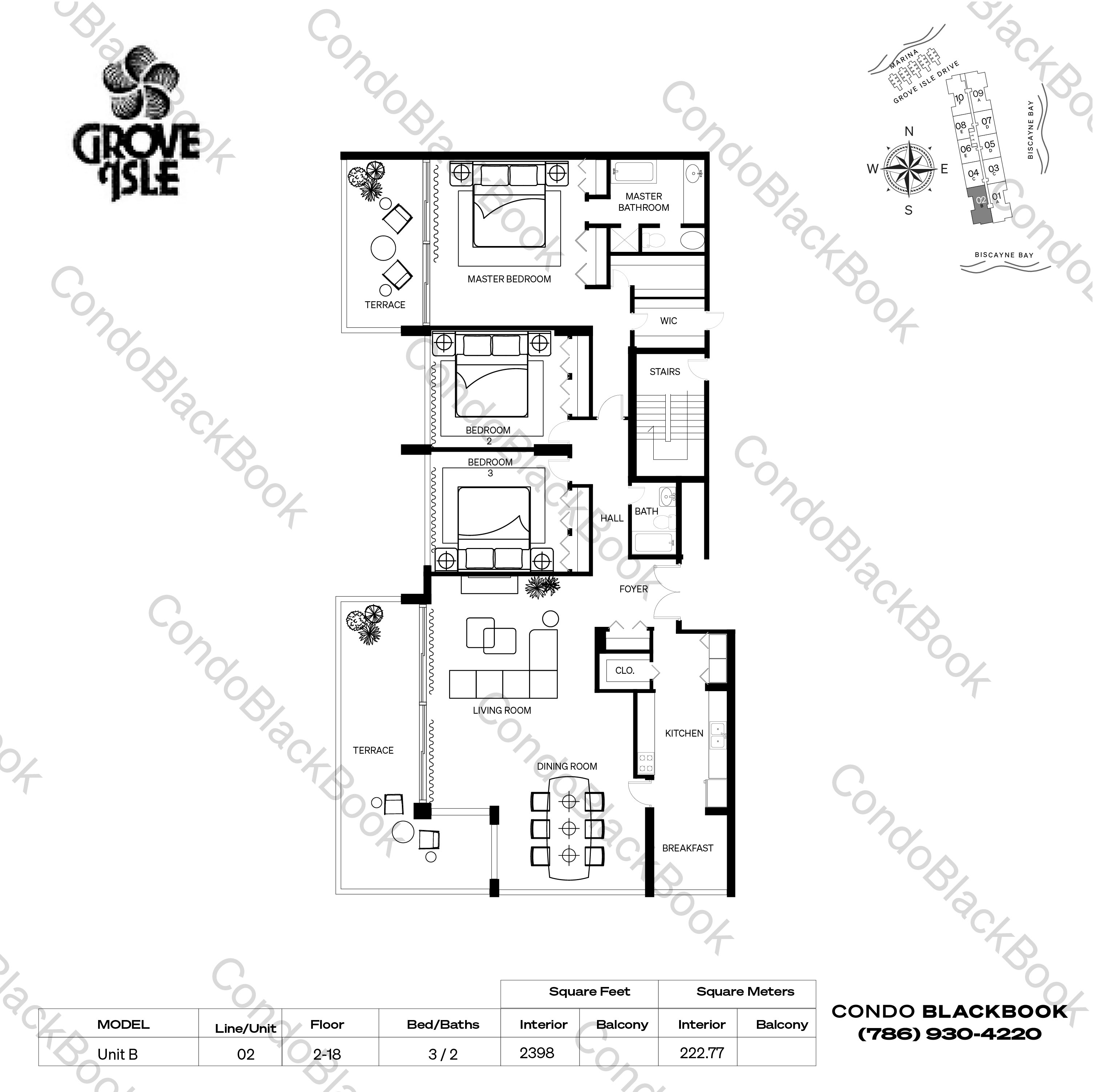 Floor plan for Two Grove Isle Condo Coconut Grove Miami, model Unit B, line 02, 3 / 2 bedrooms, 2398 sq ft
