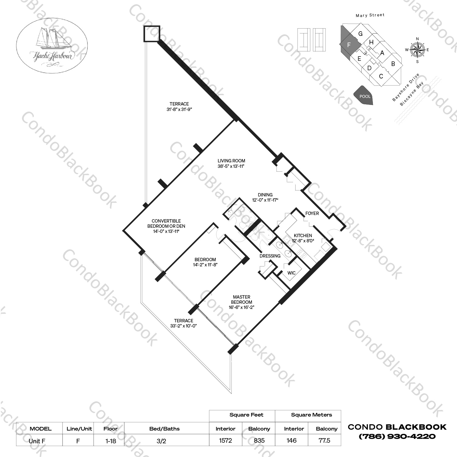 Floor plan for Yacht Harbour Coconut Grove Miami, model Unit F, line F, 3 / 2 bedrooms, 1572 sq ft