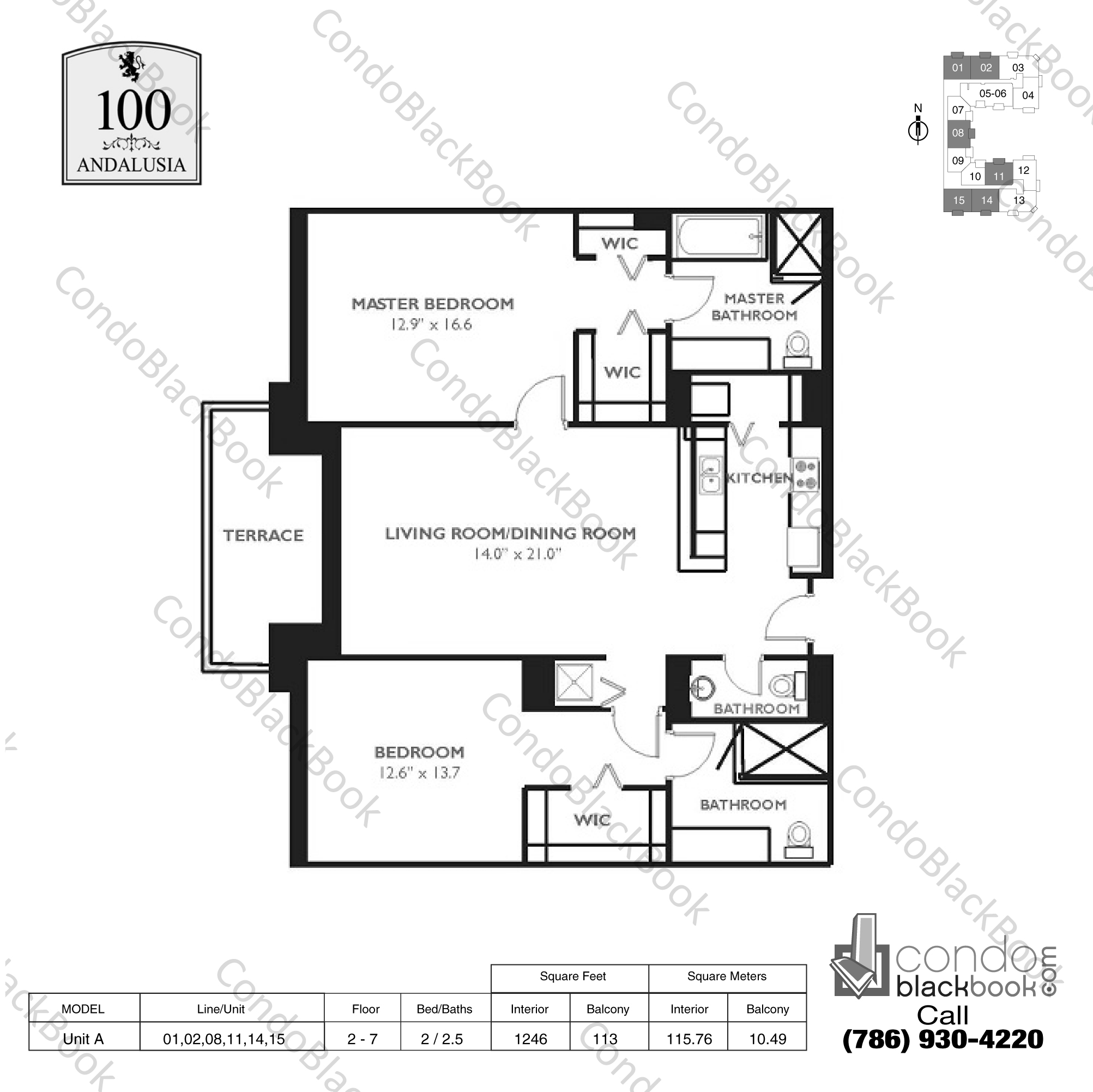 Floor plan for 100 Andalusia Coral Gables, model Unit A, line 01,02,08,11,14,15, 2 / 2.5 bedrooms, 1246 sq ft