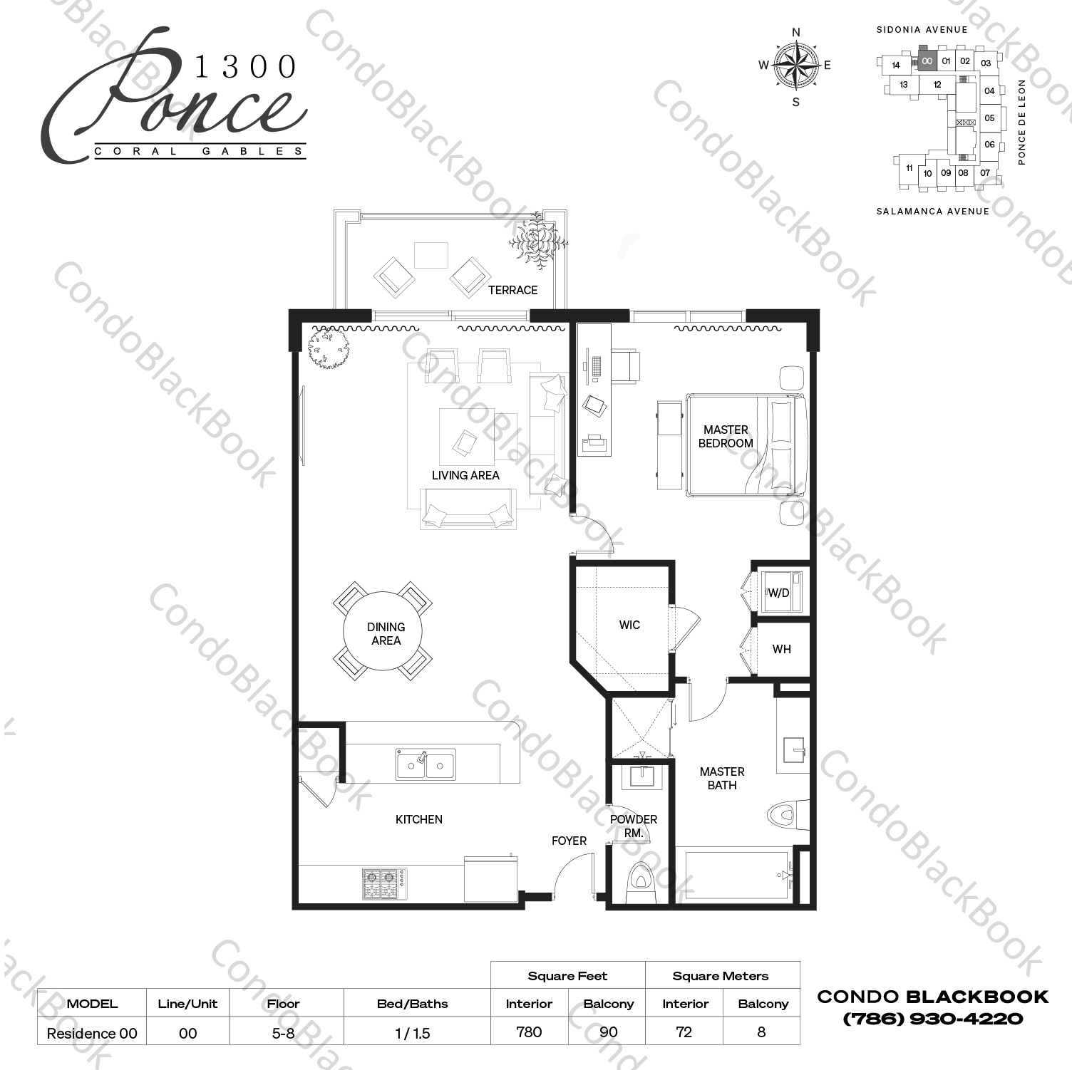 Floor plan for 1300 Ponce Coral Gables, model Residence 00, line 00, 1 / 1.5 bedrooms, 780 sq ft