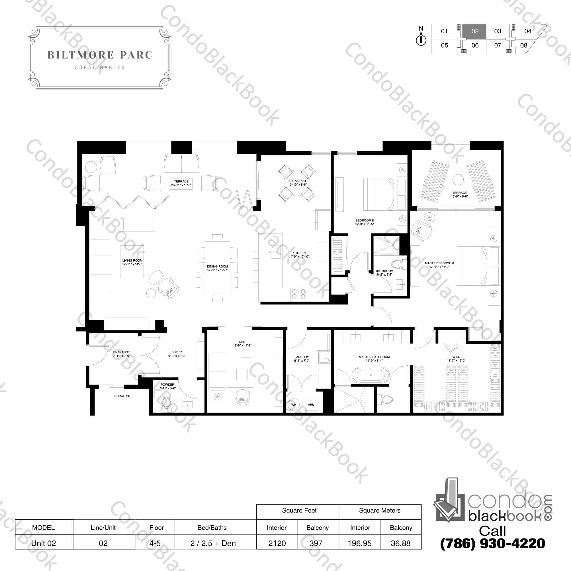 Floor plan for Biltmore Parc Coral Gables, model Unit 02, line 02, 2 / 2.5 + Den bedrooms, 2120 sq ft