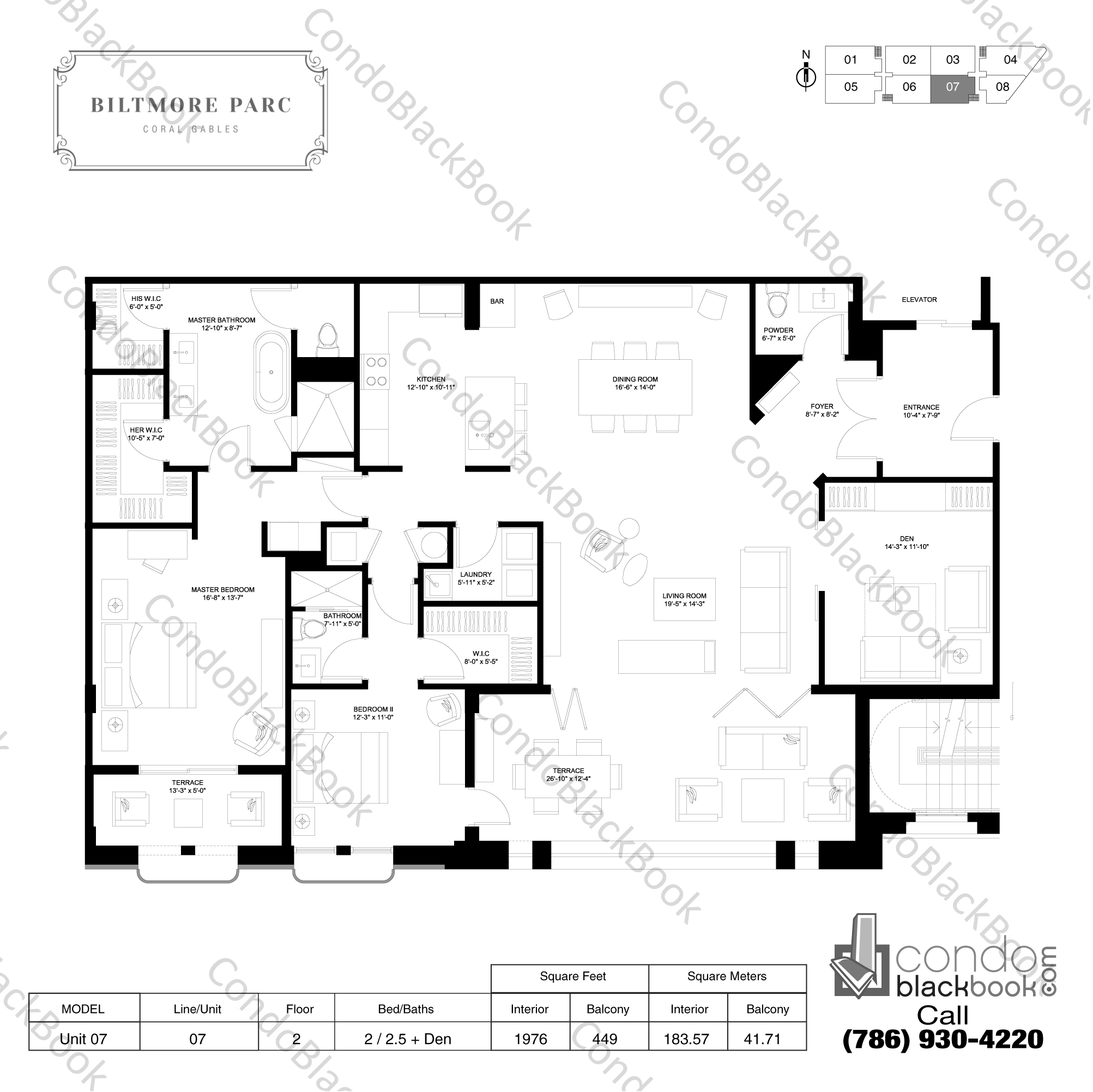 Floor plan for Biltmore Parc Coral Gables, model Unit 06, line 06, 2 / 2.5 + Den bedrooms, 1976 sq ft