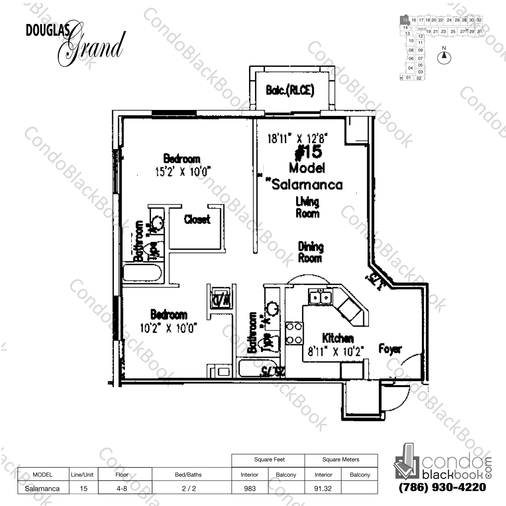 Floor plan for Douglas Grand Coral Gables, model Salamanca, line 15, 2 / 2 bedrooms, 983 sq ft