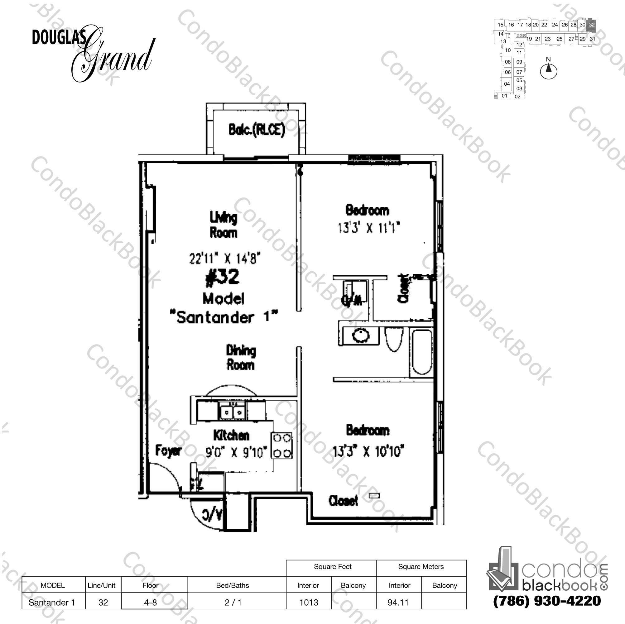 Floor plan for Douglas Grand Coral Gables, model Santander 1, line 32, 2 / 1 bedrooms, 1013 sq ft