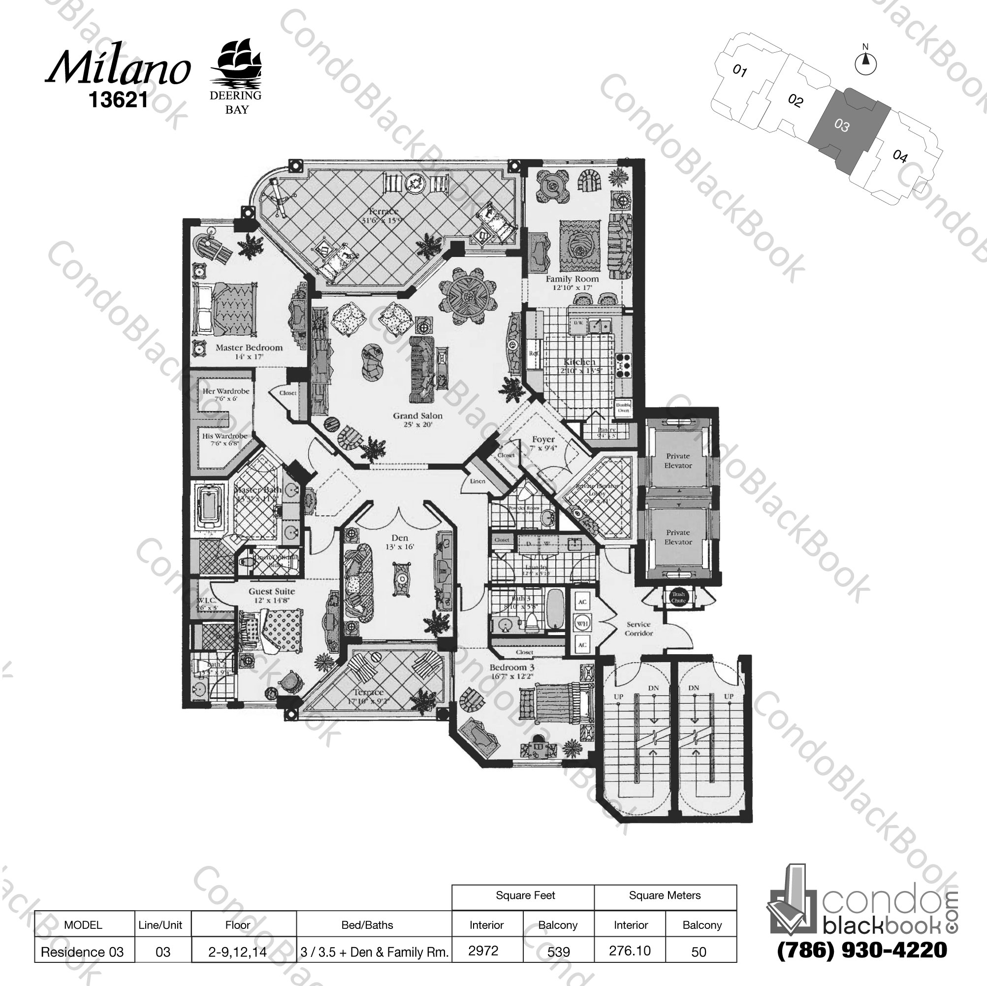 Floor plan for Milano Condo at Deering Bay Coral Gables, model Residence 03, line 03, 3 / 3.5 + Den, Family Room bedrooms, 2972 sq ft