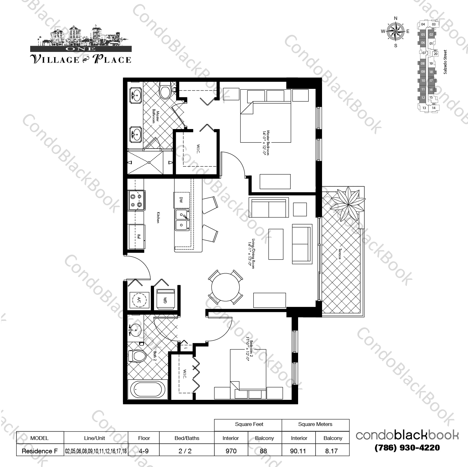 Floor plan for One Village Place Coral Gables, model Residence F, line 02,05,06,08,09,10,11,12,16,17,18, 2 / 2 bedrooms, 970 sq ft