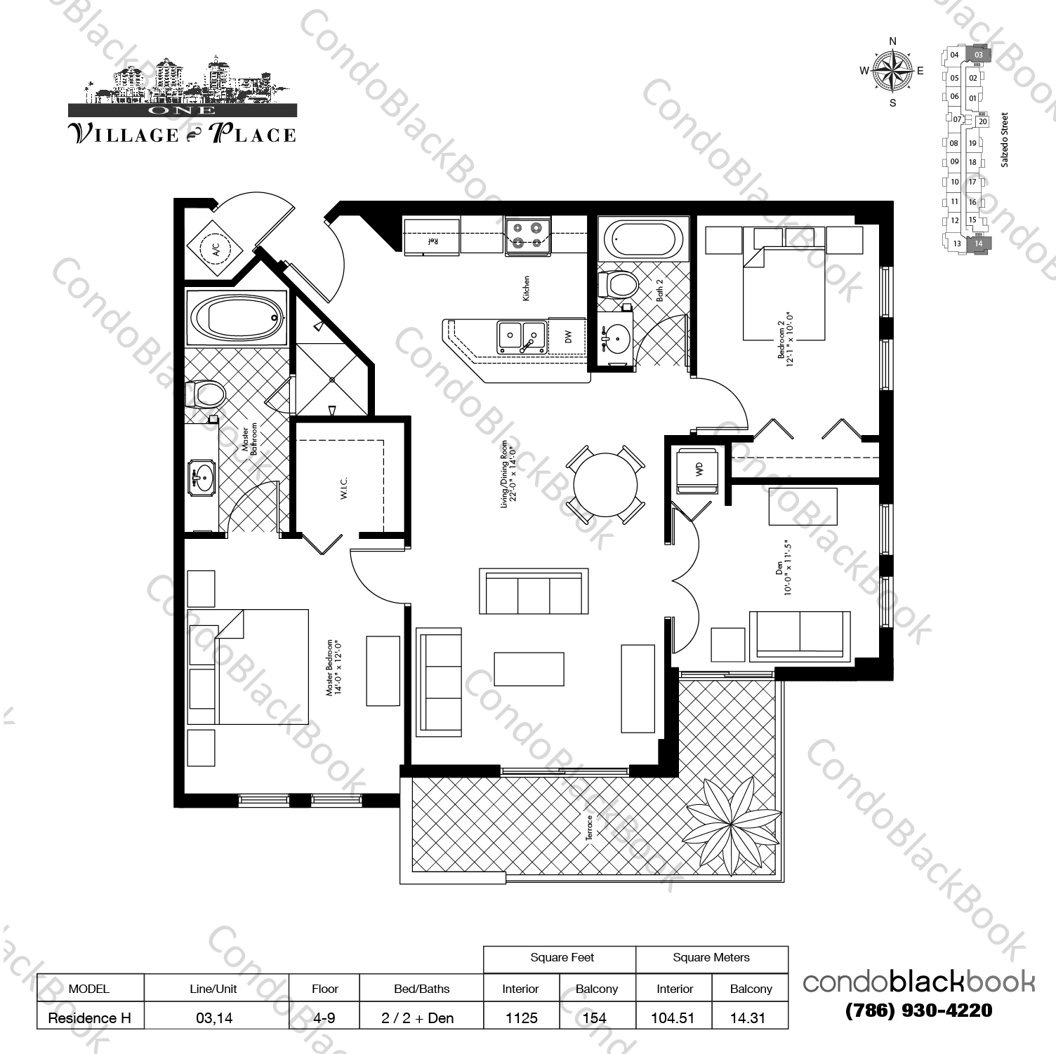 Floor plan for One Village Place Coral Gables, model Residence H, line 03,14, 2 / 2 + Den bedrooms, 1125 sq ft